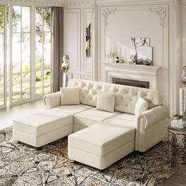 Anysun - 82.6" Velvet Chesterfield Sofa w/ Nailhead, Rolled Armrests, Button Tufted, 3 Pillows & 2 Ottomans, Mid-Century - White