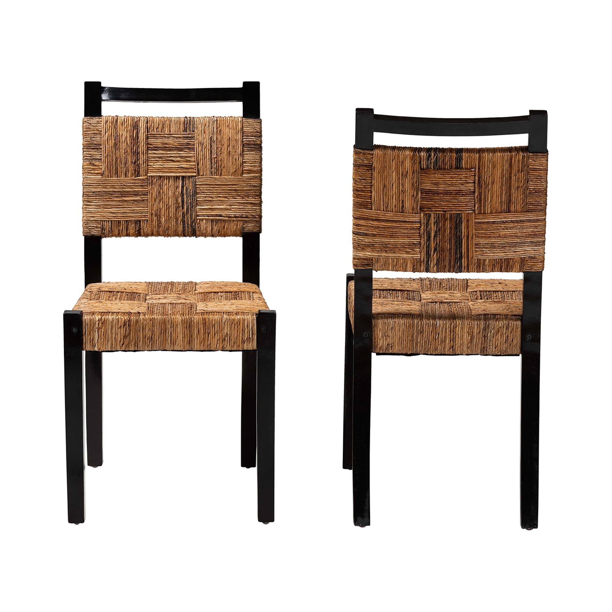 Angle. bali & pari - Raniya Handwoven Seagrass Dining Chair Set of 2- Solid Mango Wood Frame with Woven Seat and Backrest, Rustic Boho Style - Natural Brown/Black.