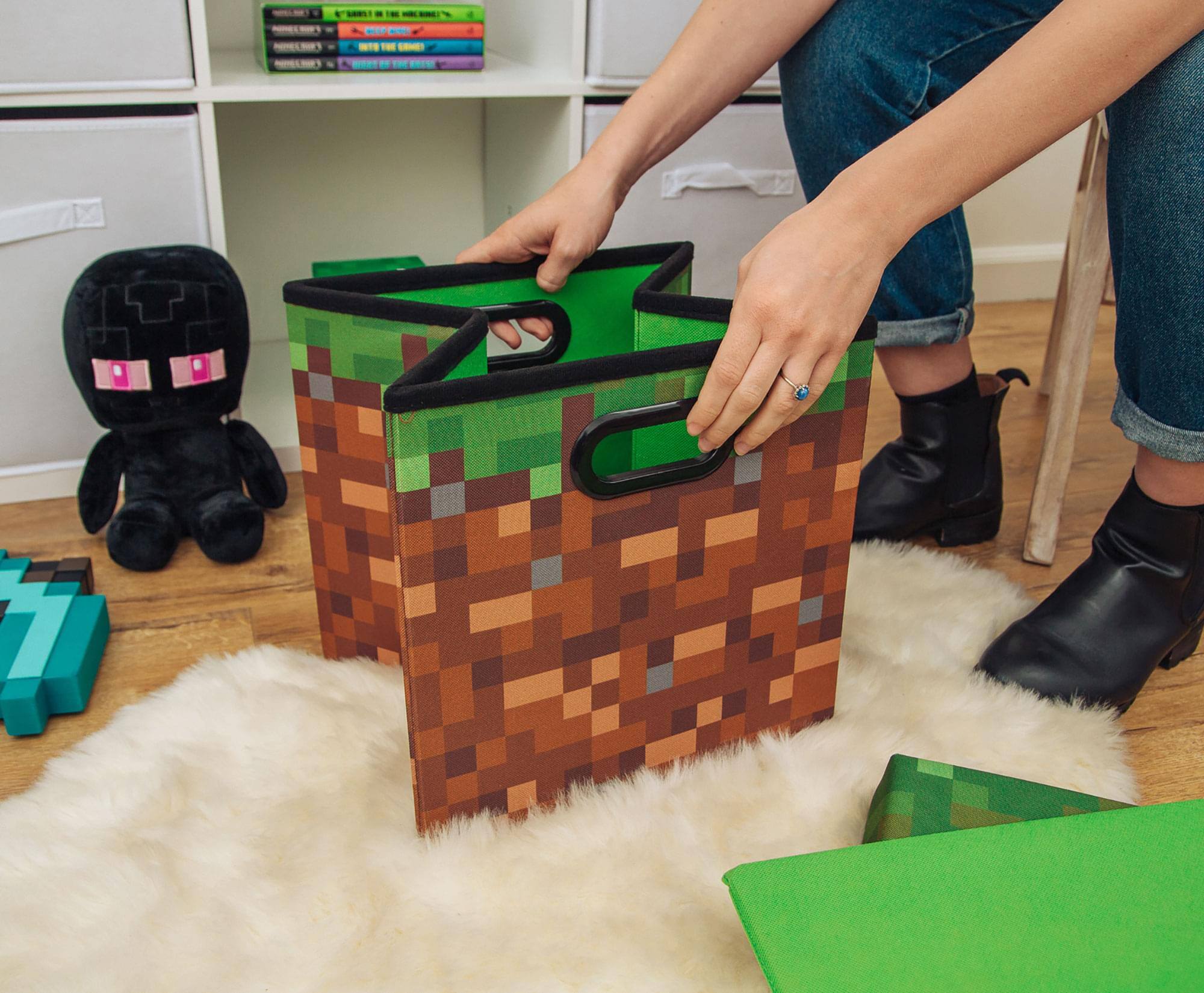 Alt View 10. Ukonic - Minecraft Grassy Block Fabric Storage Bin Cube Organizer with Lid | 13 Inches - Brown.
