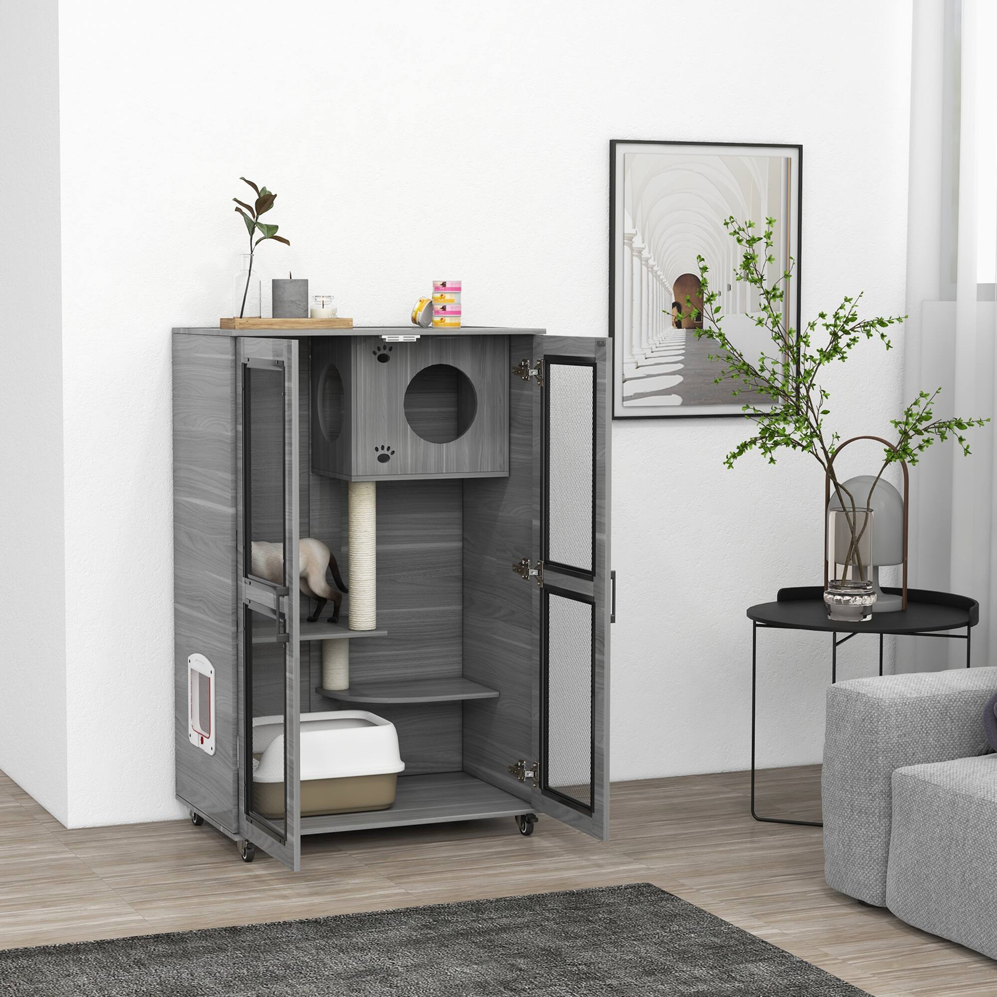 Angle. Pawhut - Luxury Cat House, with Wheels, Kitty Cage Catio Villa, Scratching Posts, Condo, Flap Door, Cushion, 31.5"x20"x48.5".