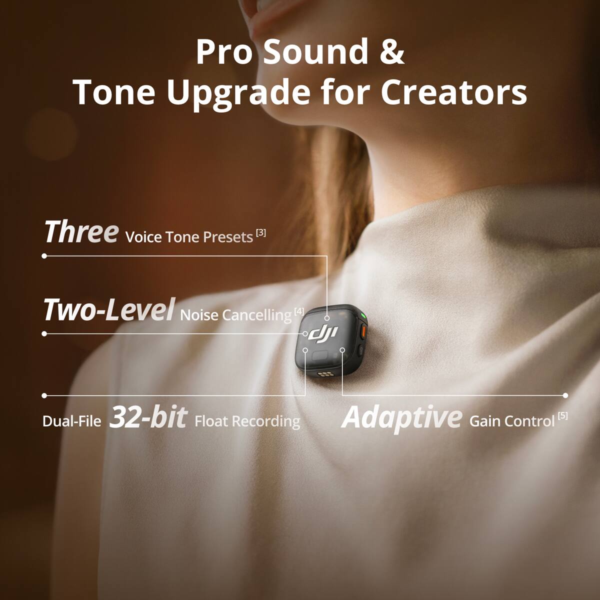 Pro Sound & Tone Upgrade for Creators

- Three Voice Tone Presets [3]
- Two-Level Noise Cancelling [4]
- Dual-File 32-bit Float Recording
- Adaptive Gain Control [5]