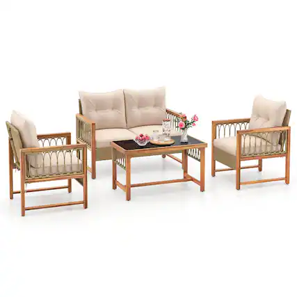 Front. Costway - 4 PCS Patio Furniture Set with Acacia Wood Frame Cushions and Coffee Table - Beige,Light Brown.