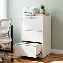 Loheer - 3 Drawer Lateral File Cabinet White Metal Locking Filing Cabinet for Home Office