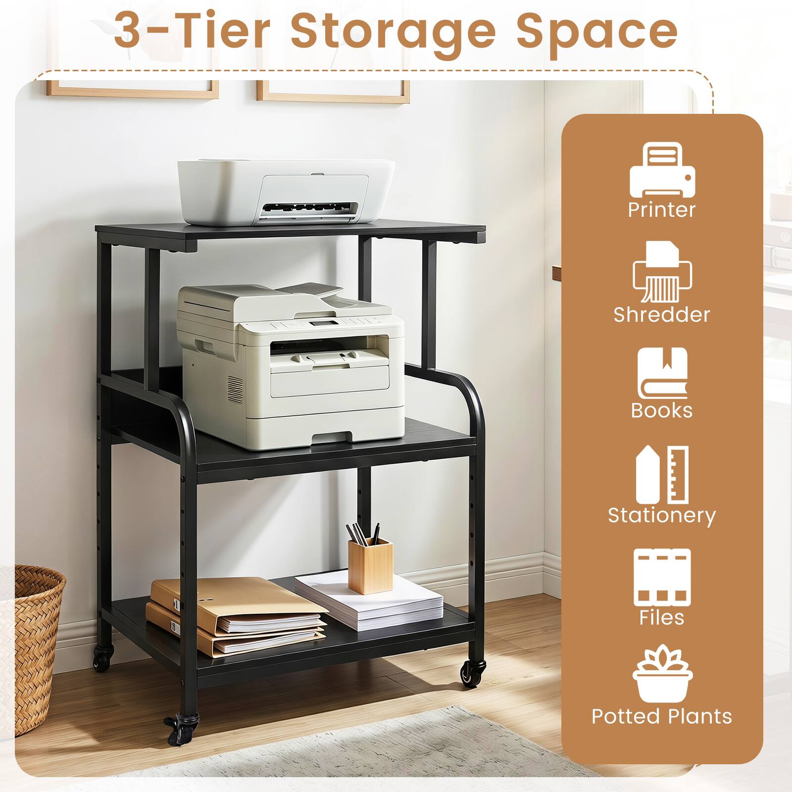 3-Tier Storage Space Printer Shredder Books Stationery Files Potted Plants