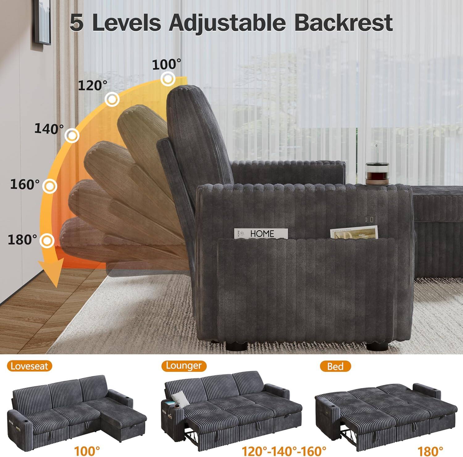 Back. Dyonery - Dyonery 101-inch modular sofa bed with backrest /USB port/cup holder, tool-free assembly, corduroy，Green - Grey.