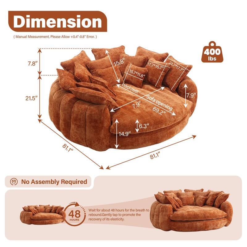 Dimension (Manual Measurement, Please Allow +0.4"-0.8" Error.)

- 7.8"
- 21.5"
- 81.1"
- 1"
- 400 lbs
- 15.8"
- 17.7" x 15.7"
- 21.7" x 17.7"
- 15.7" x 11.8"
- Backrest: 7.9"
- Sofa: 7.9"
- Opening: 69.2"
- 6.3"
- 14.9"
- 81.1"

No Assembly Required

Wait for about 48 hours for the breath to rebound. Gently tap to promote the recovery of its elasticity.