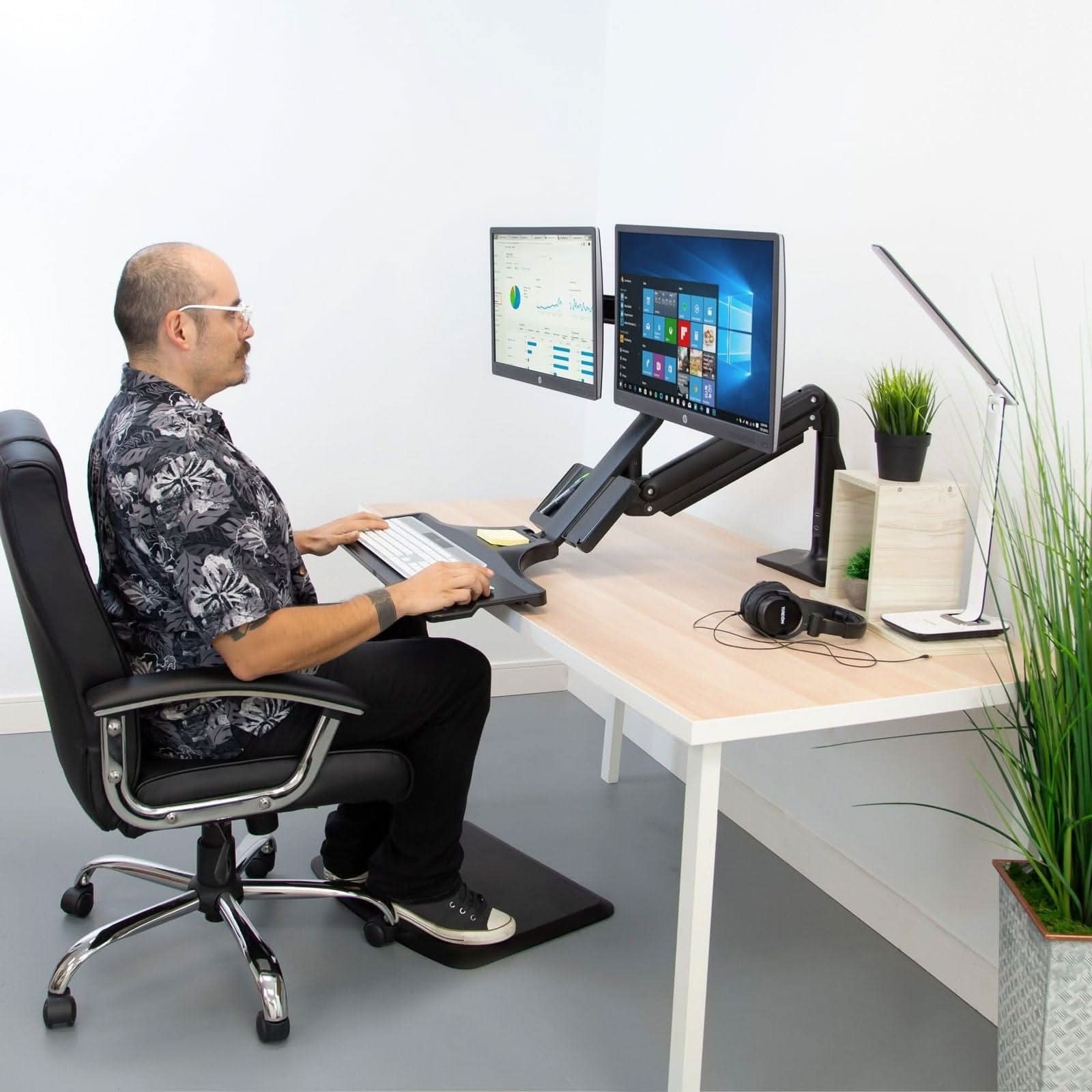 Alt View 5. Mount-It! - Adjustable Dual Monitor Sit-Stand Desk Mount with Gas Spring Arms, USB 3.0 Ports, Keyboard Tray & Office Storage, Black - Black.