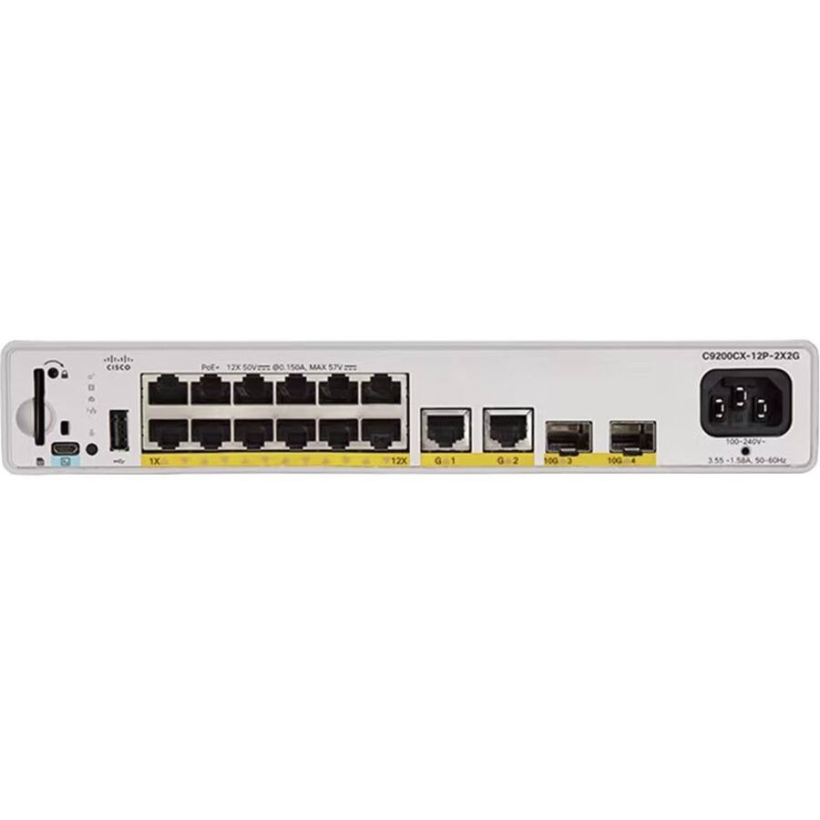 CISCO C9200CX-12P-2X2G

PoE+ 12x 50W/100W 0.150A MAX 57V

1X
12X

G-1
G-2
10G-3
10G-4

3.55 - 1.5A, 50-60Hz

100-240V

C9200CX-12P-2X2G