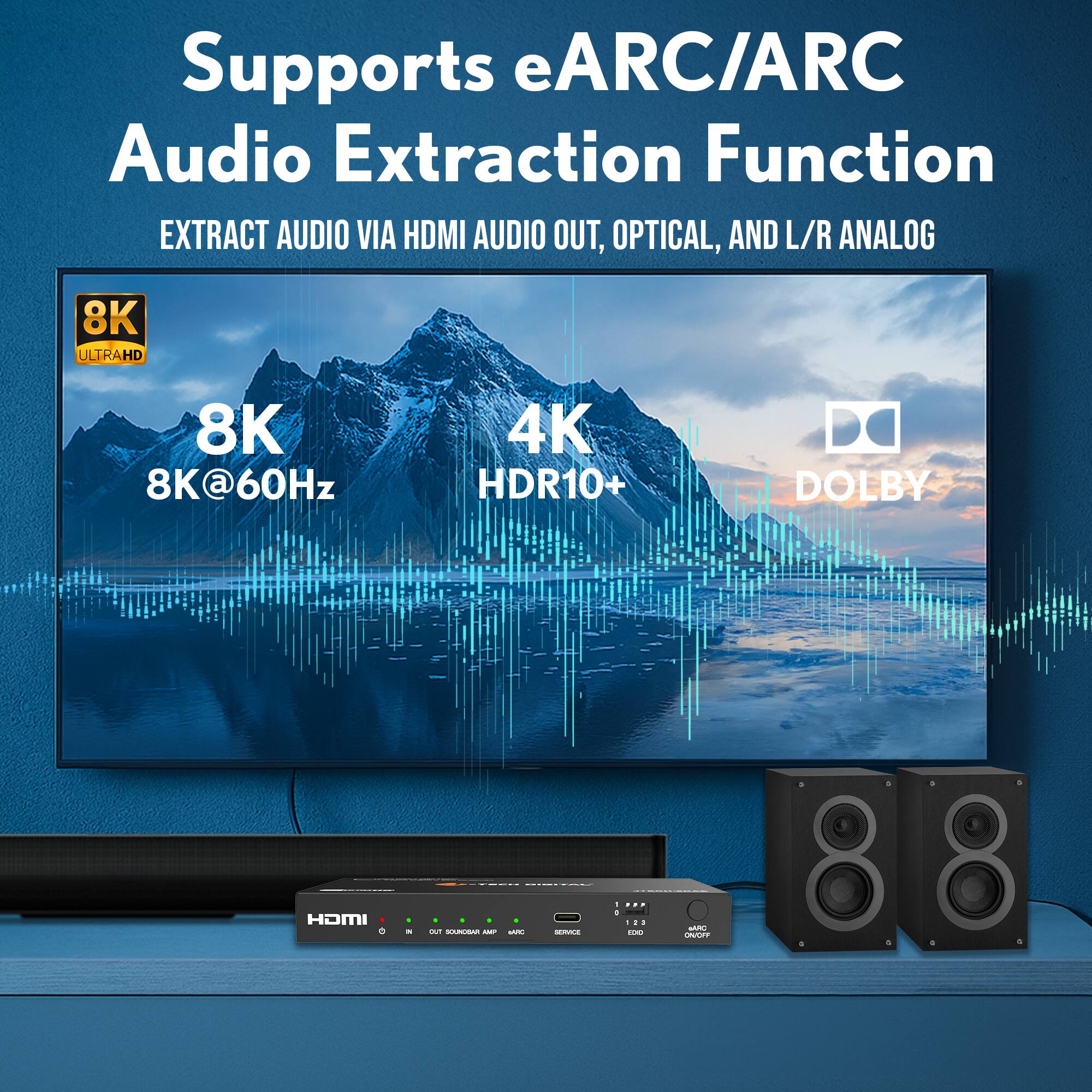 Supports eARC/ARC  
Audio Extraction Function  

EXTRACT AUDIO VIA HDMI AUDIO OUT, OPTICAL, AND L/R ANALOG  

8K  
8K@60Hz  

4K  
HDR10+  

DOLBY  

8K ULTRAHD