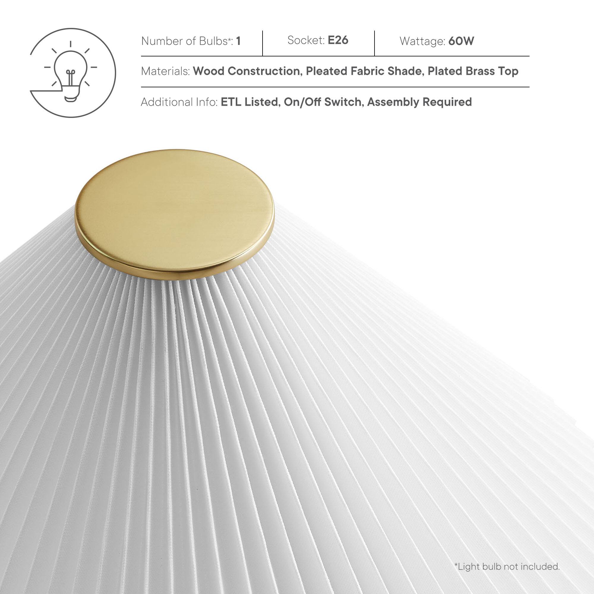 Number of Bulbs: 1  
Socket: E26  
Wattage: 60W  

Materials: Wood Construction, Pleated Fabric Shade, Plated Brass Top  

Additional Info: ETL Listed, On/Off Switch, Assembly Required  

*Light bulb not included.