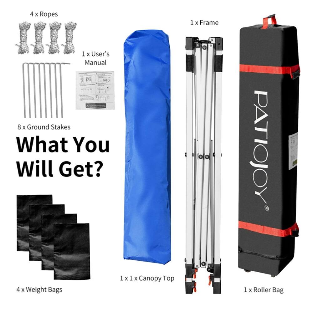 4 x Ropes  
1 x Frame  
1 x User's Manual  
8 x Ground Stakes  

What You Will Get?  

1 x 4 x Weight Bags  
1 x Canopy Top  
1 x Roller Bag