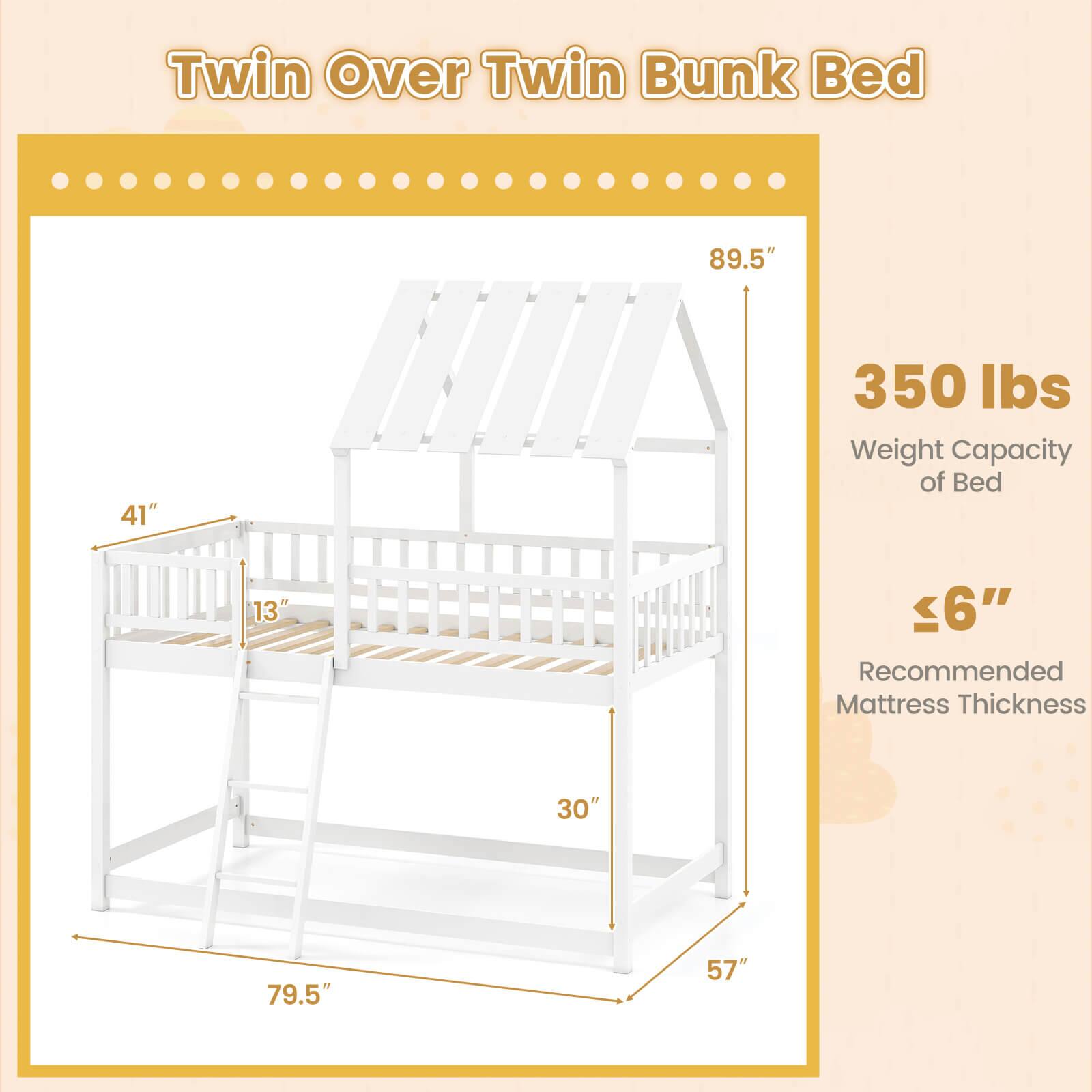 Twin Over Twin Bunk Bed

- 89.5" (Height)
- 41" (Width)
- 79.5" (Depth)
- 350 lbs (Weight Capacity of Bed)
- 13" (Ladder Height)
- 30" (Ladder Width)
- 57" (Ladder Depth)
- ≤6" (Recommended Mattress Thickness)