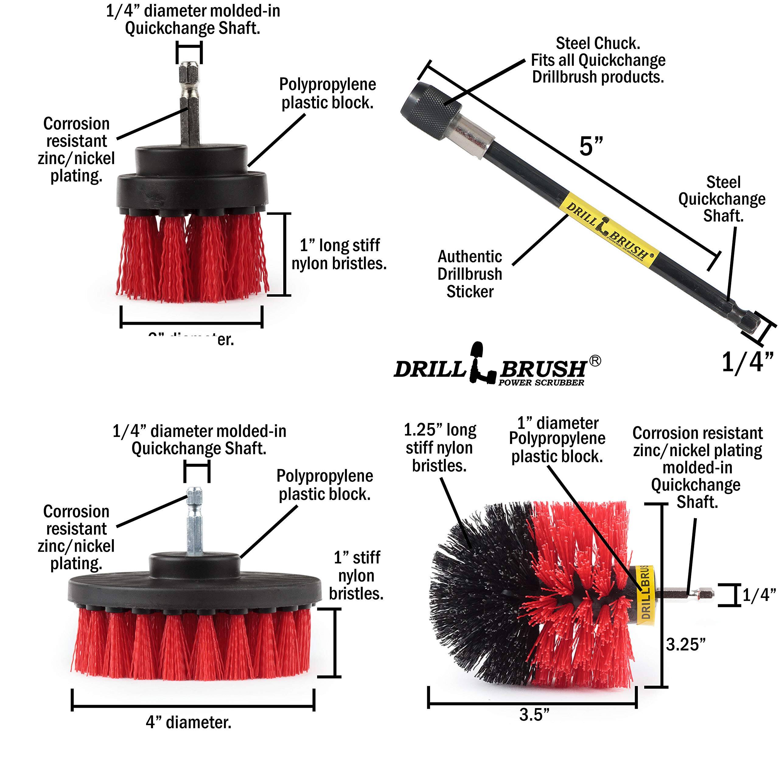 1/4" diameter molded-in Quickchange Shaft. Polypropylene plastic block. Corrosion resistant zinc/nickel plating. 1" long stiff nylon bristles. Steel Chuck. Fits all Quickchange Drillbrush products. 5" Steel Quickchange DRILL Shaft. Authentic BRUSH Drillbrush Sticker er. DRILL BRUSH POWER SCRUBBER 1/4" 1" diameter 1/4" diameter molded-in 1.25" long Corrosion resistant stiff Polypropylene Quickchange Shaft. nylon zinc/nickel plating plastic block. bristles. molded-in Polypropylene block. Quickchange plastic Shaft. Corrosion resistant zinc/nickel 1" stiff plating. nylon bristles. DRILLBRU 1/4" 3.25" 4" diameter. 3.5"