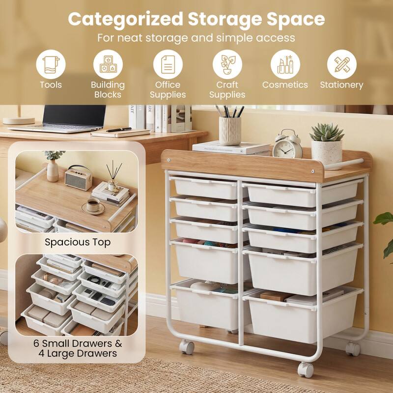 Categorized Storage Space  
For neat storage and simple access  

- Tools  
- Building Blocks  
- Office Supplies  
- Craft Supplies  
- Cosmetics  
- Stationery  

Spacious Top  

6 Small Drawers & 4 Large Drawers