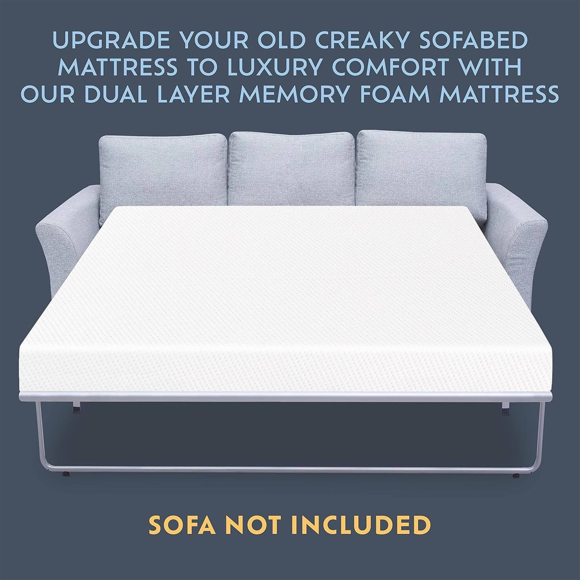 UPGRADE YOUR OLD CREAKY SOFABED MATTRESS TO LUXURY COMFORT WITH OUR DUAL LAYER MEMORY FOAM MATTRESS
SOFA NOT INCLUDED