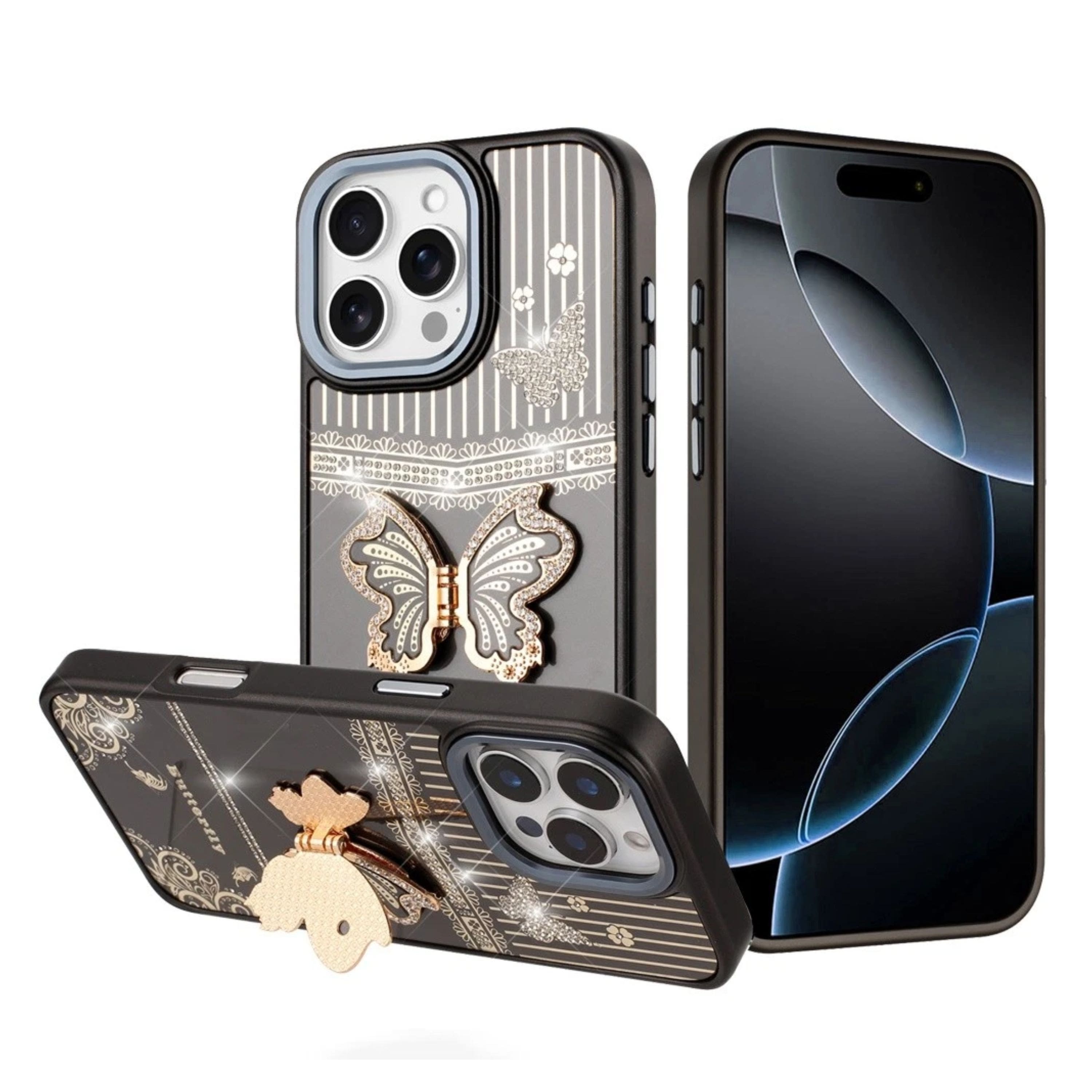 Kitcheniva - 3D Butterfly Bling Charm Stand Phone Case With Tempered Glass For iPhone 16 Pro Max - Black
