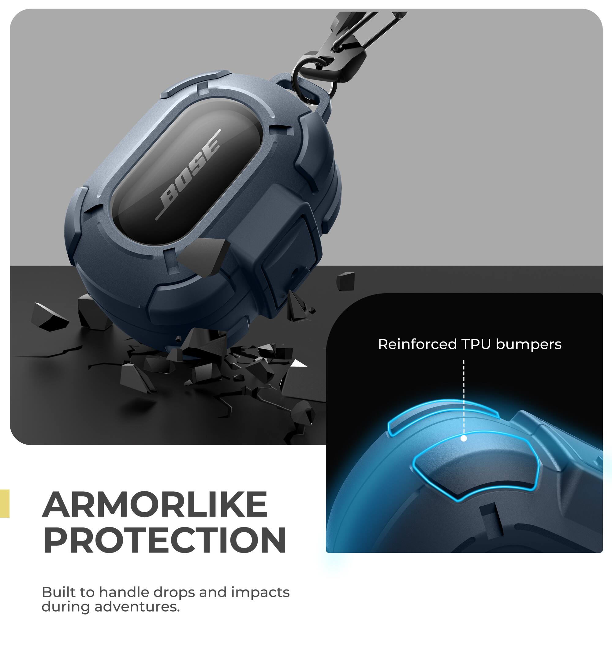 Reinforced TPU bumpers  
ARMORLIKE PROTECTION  
Built to handle drops and impacts during adventures.