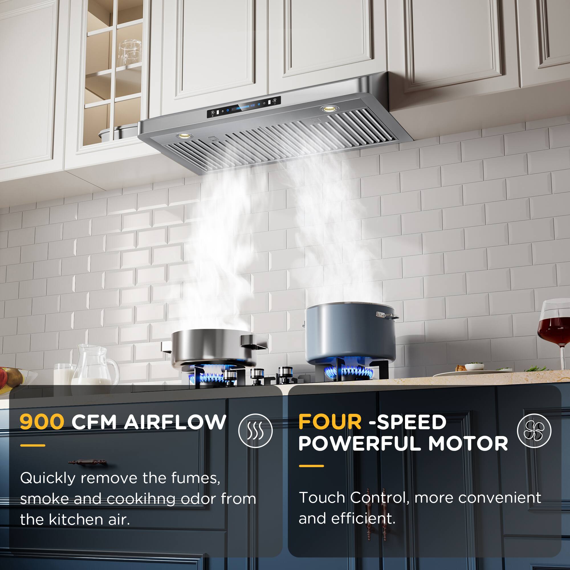 1TTR4410 900 CFM AIRFLOW FOUR-SPEED POWERFUL MOTOR

900 CFM AIRFLOW
Quickly remove the fumes, smoke, and cooking odor from the kitchen air.

FOUR-SPEED POWERFUL MOTOR
Touch Control, more convenient and efficient.