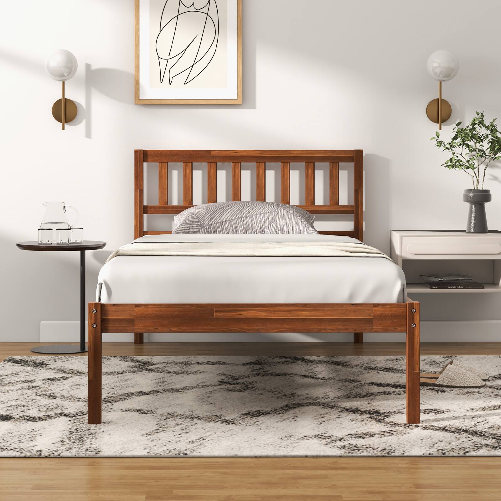 Alt View 1. Ecooso - Twin Size Wood Bed Frame with Headboard and Slat Support - Brown.