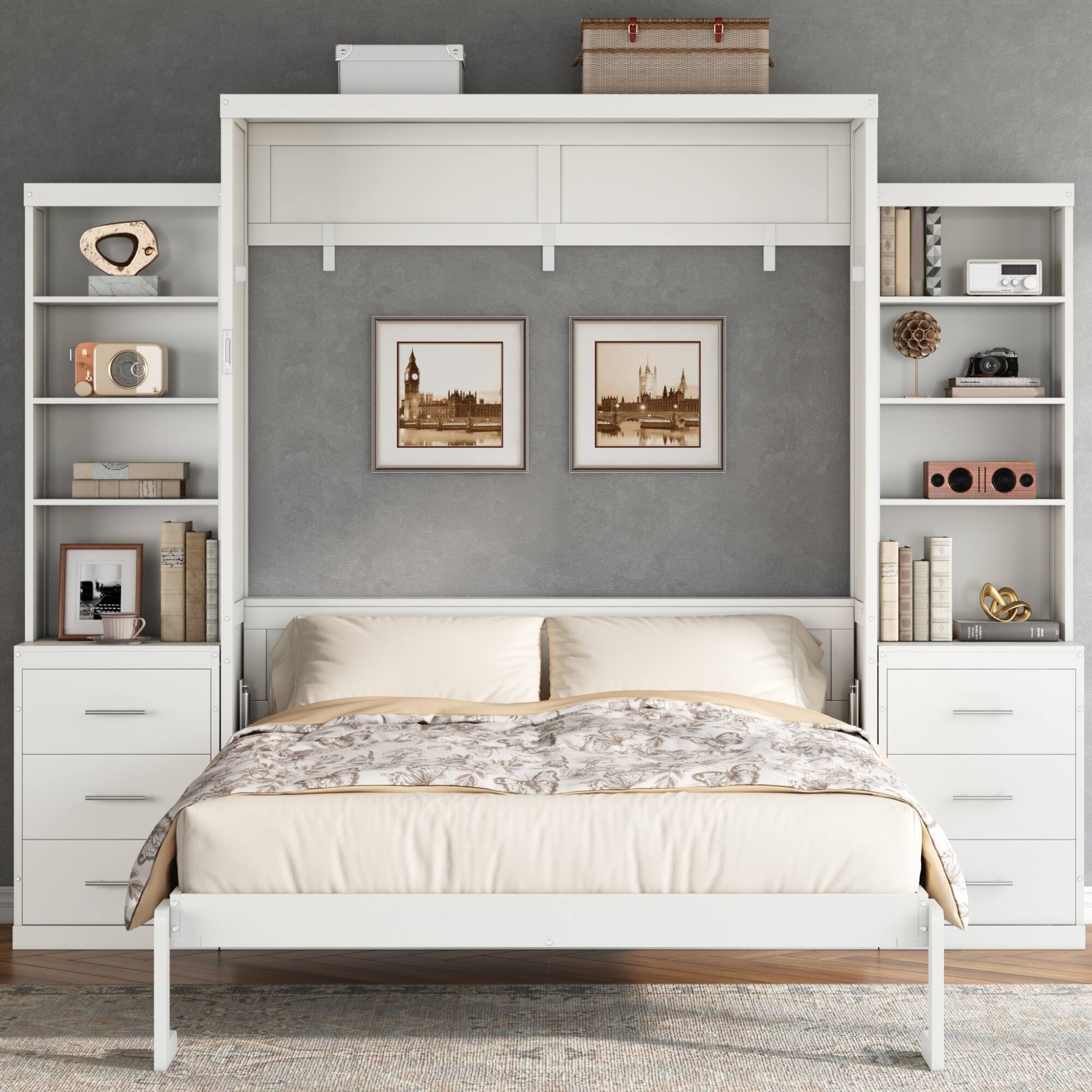 Angle. Whisen - Queen Size Murphy Bed with Dual-Side Storage Shelves and Drawers, Space-Saving Foldable Bed - White.