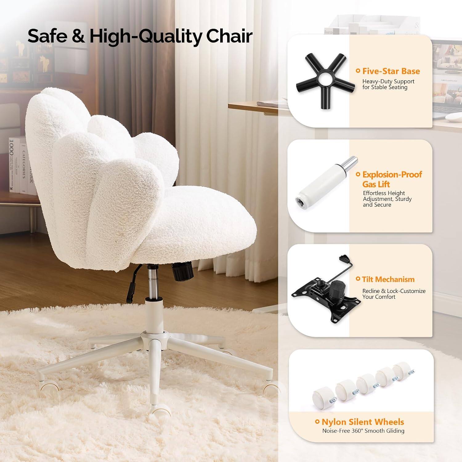 Safe & High-Quality Chair

- Five-Star Base
  Heavy-Duty Support for Stable Seating

- Explosion-Proof Gas Lift
  Effortless Height Adjustment, Sturdy and Secure

- Tilt Mechanism
  Recline & Lock - Customize Your Comfort

- Nylon Silent Wheels
  Noise-Free 360° Smooth Gliding