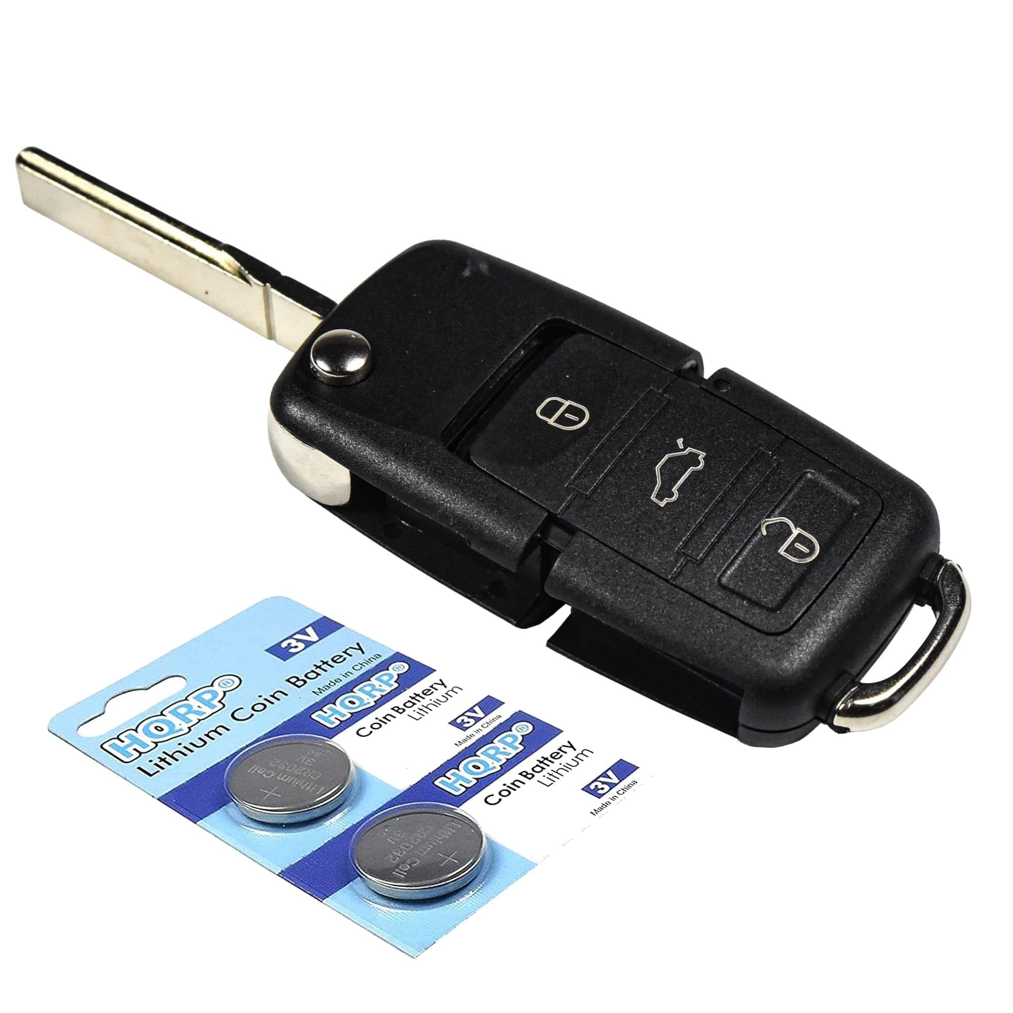 HQRP - Flip Key Fob Remote Shell Case with 2 Batteries for Volkswagen Jetta 2006-2011, 4-Button Smart Key Cover - Black