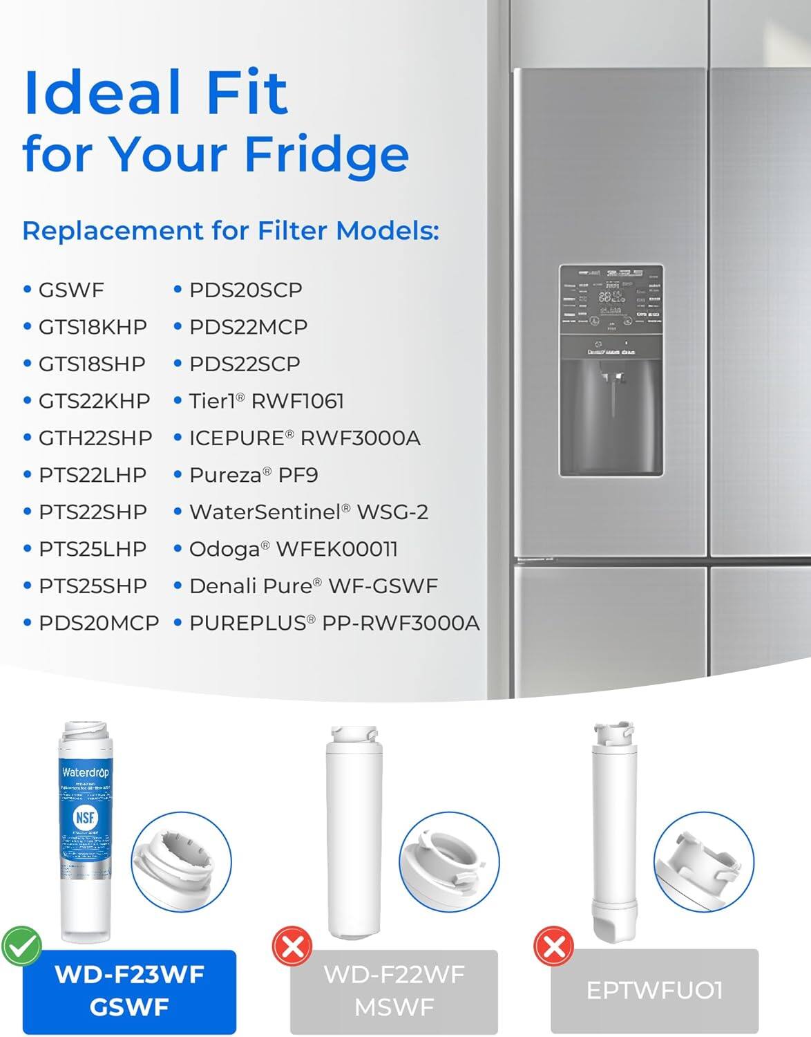 Ideal Fit for Your Fridge

Replacement for Filter Models:

- GSWF
- GTS18KHP
- GTS18SHP
- GTS22KHP
- GTH22SHP
- PTS22LHP
- PTS22SHP
- PTS25LHP
- PTS25SHP
- PDS20MCP
- PDS20SCP
- PDS22MCP
- PDS22SCP
- Tier1® RWF1061
- ICEPURE® RWF3000A-2
- Pureza® PF9
- WaterSentinel® WSG-2
- Odoga® WFEK00011
- Denali Pure® WF-GSWF
- PUREPLUS® PP-RWF3000A

Waterdrop NSF

- WD-F23WF GSWF
- WD-F22WF MSWF
- EPTWFUO1