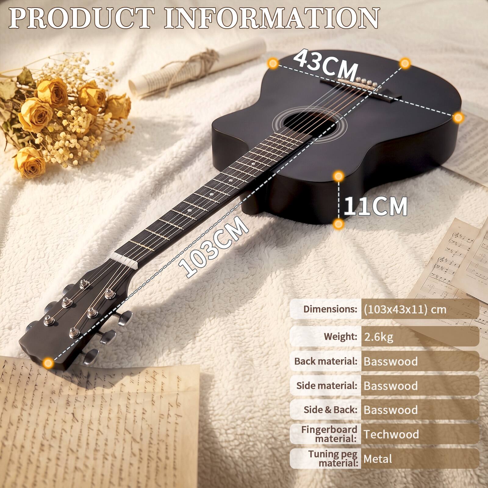 PRODUCT INFORMATION

Dimensions: (103x43x11) cm  
Weight: 2.6kg  
Back material: Basswood  
Side material: Basswood  
Side & Back: Basswood  
Fingerboard material: Techwood  
Tuning peg material: Metal
