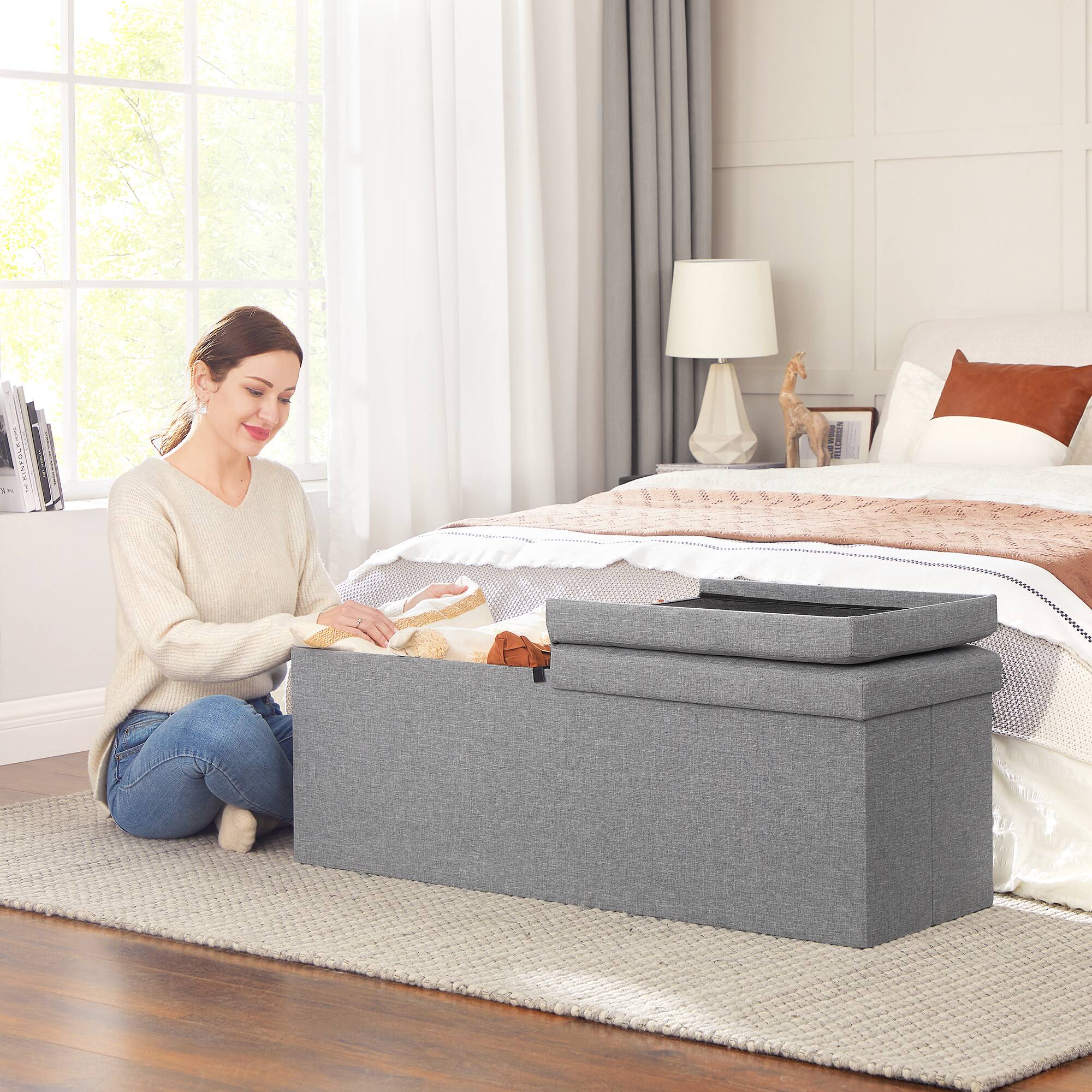 Left. Songmics Home - Storage Ottoman, Foldable Storage Bench, Flipping Lid, for Entryway, Living Room, Bedroom - Ash Gray.