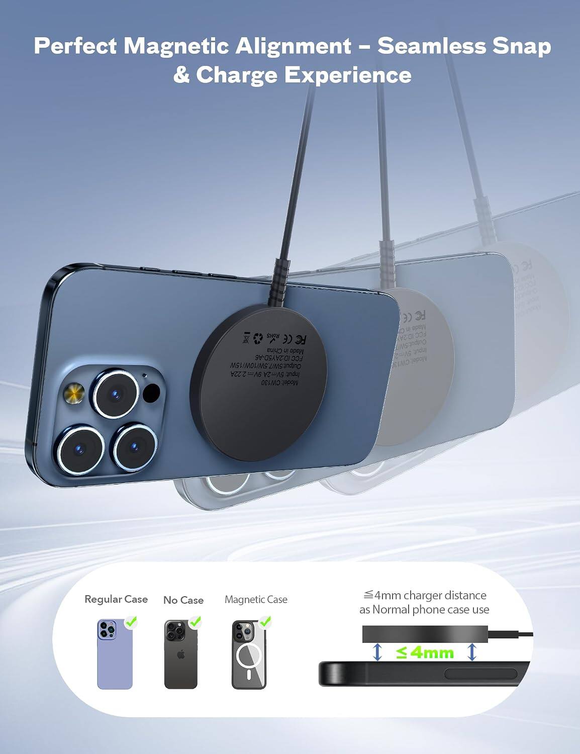 Perfect Magnetic Alignment - Seamless Snap & Charge Experience

FC
RoHS FC China  Mado ID:2AY50-A6 FCC MI/MING Output:SW/7 222A 9V=2 5Vm2A Input Model:CW130
(3) FC Made 02A) FCC UNSORING anduy 5V=2 Model:CW13

Regular Case
No Case
Magnetic Case

≤4mm charger distance as Normal phone case use