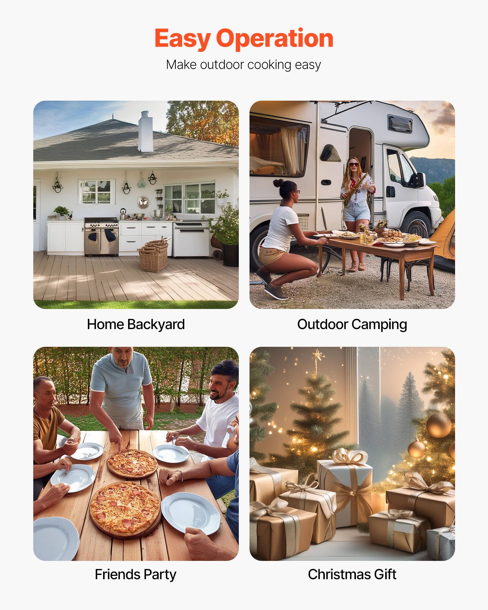 Easy Operation  
Make outdoor cooking easy

Home Backyard  
Outdoor Camping  
Friends Party  
Christmas Gift