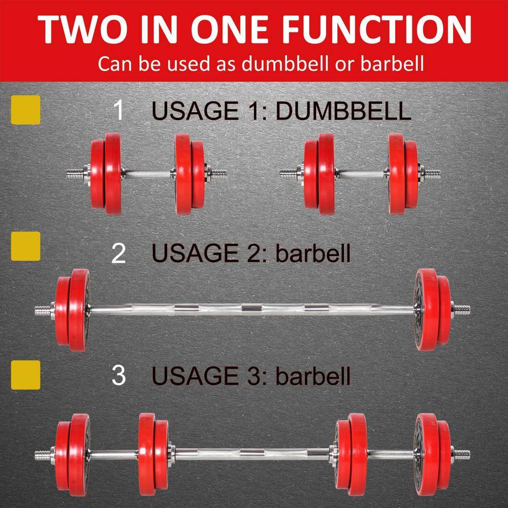 TWO IN ONE FUNCTION  
Can be used as dumbbell or barbell  

1. USAGE 1: DUMBBELL  
2. USAGE 2: barbell  
3. USAGE 3: barbell