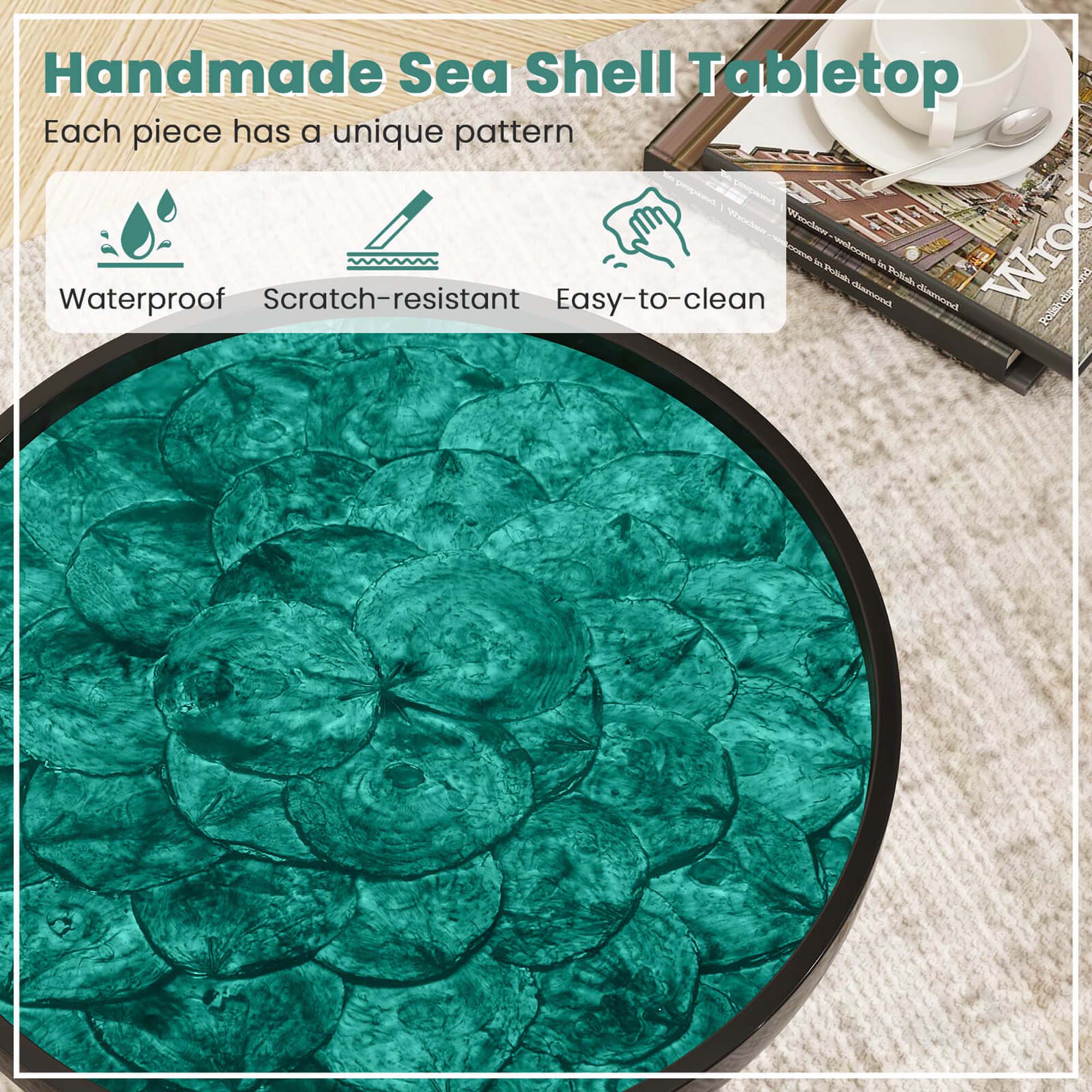 Handmade Sea Shell Tabletop  
Each piece has a unique pattern  

Waterproof  
Scratch-resistant  
Easy-to-clean