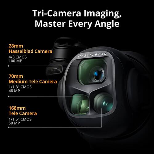 Tri-Camera Imaging, Master Every Angle

- 28mm Hasselblad Camera
  - 4/3 CMOS
  - 100 MP

- 70mm Medium Tele Camera
  - 1/1.3" CMOS
  - 48 MP

- 168mm Tele Camera
  - 1/1.5" CMOS
  - 50 MP