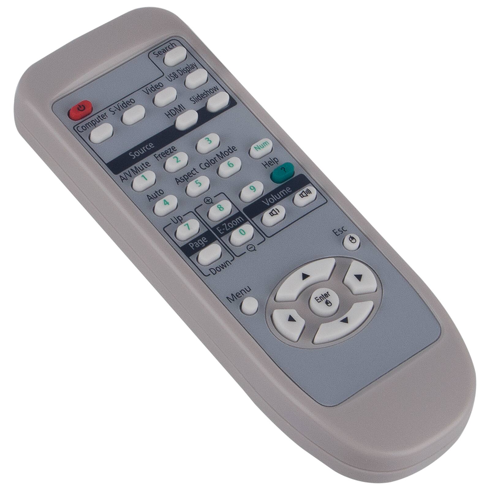 - Search
- USB Display
- Video
- S-Video
- HDMI
- Slideshow
- Computer
- Source
- Freeze
- Num
- AV/Mute
- Aspect
- Color Mode
- Auto
- Volume
- Up
- Down
- Page
- Menu
- Help
- E-Zoom
- Esc
- Enter