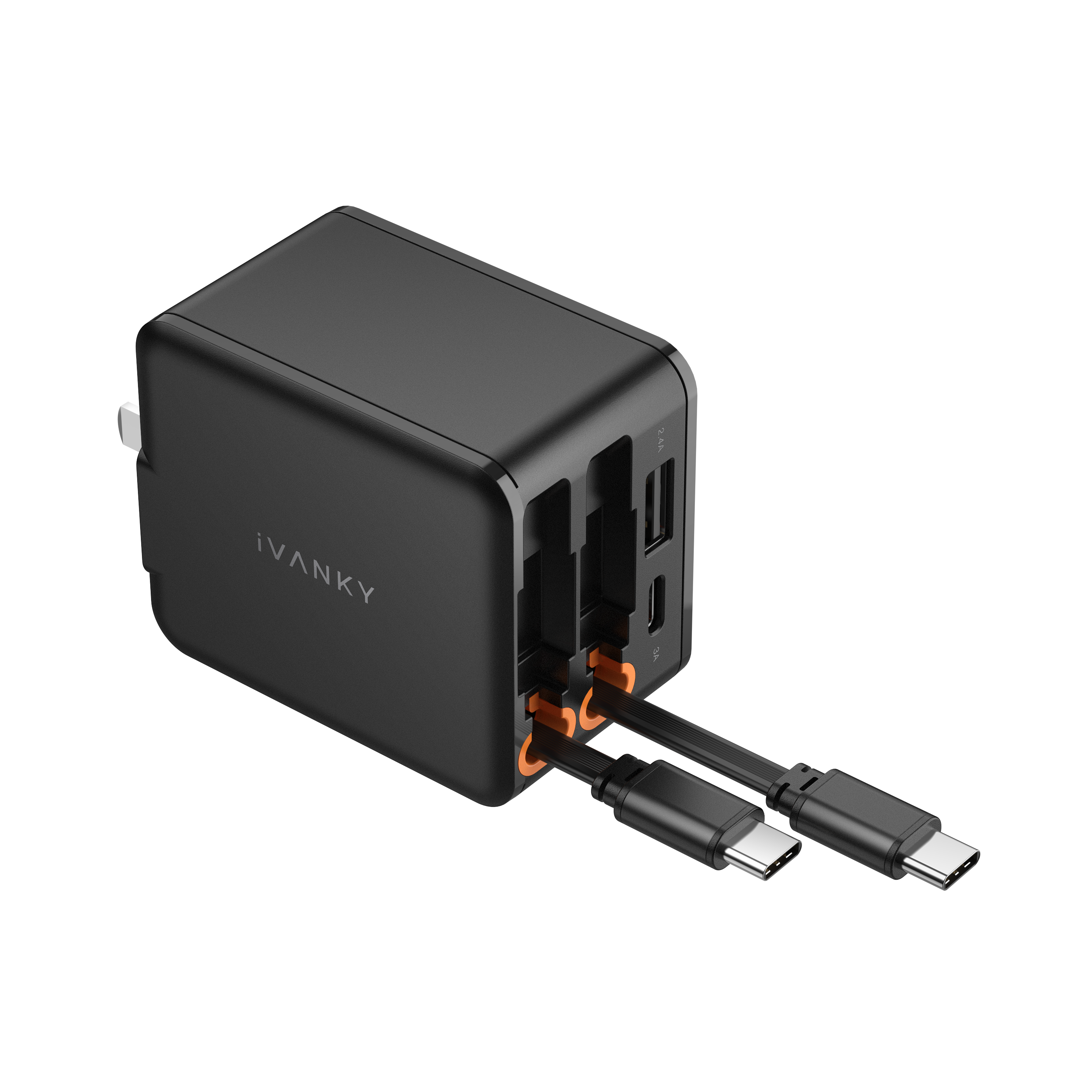 iVANKY - 4 in 1 45W Fast Charging Retractable Wall Charger with Dual USB C Cables For iPhone 17/16/15 - Black