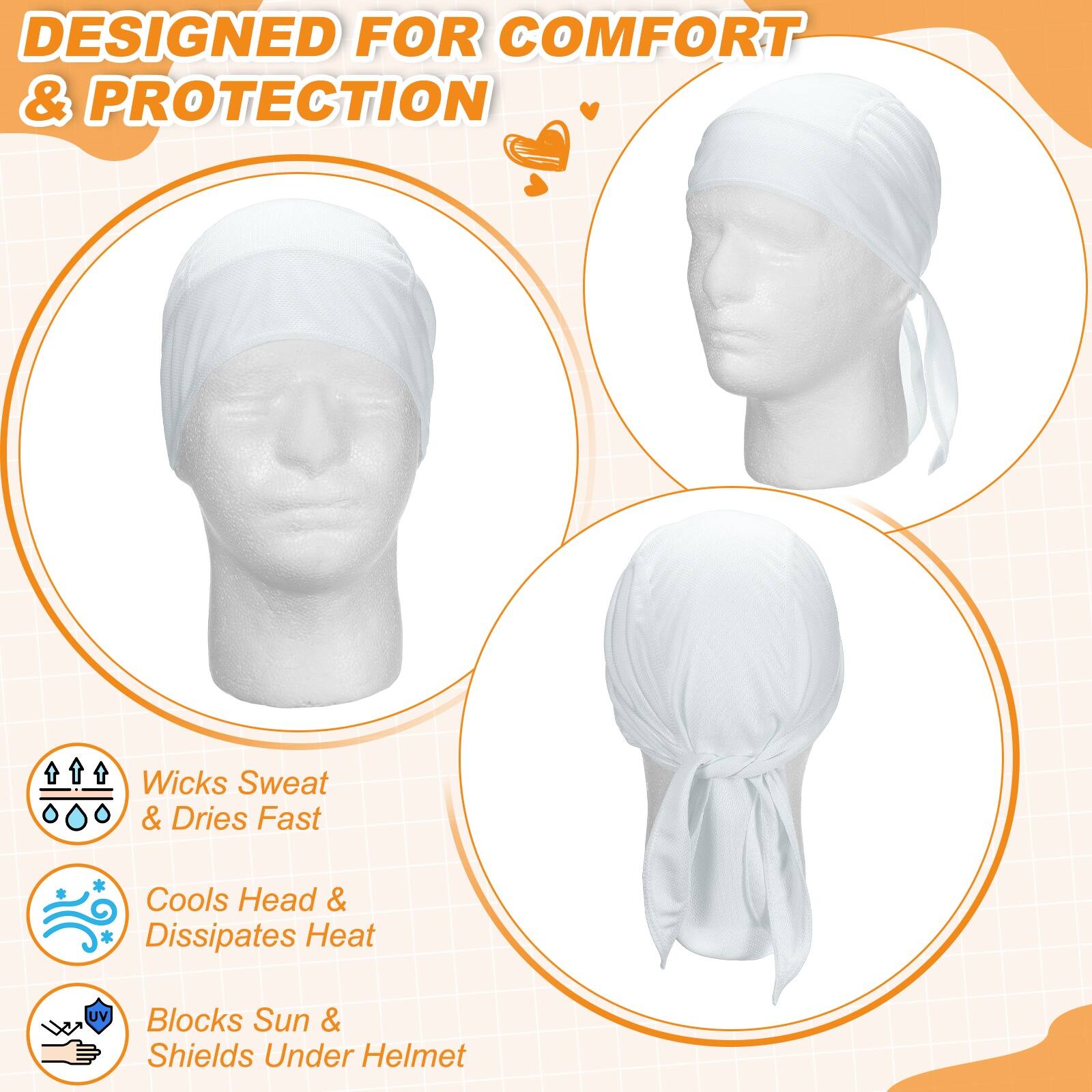DESIGNED FOR COMFORT & PROTECTION

- Wicks Sweat & Dries Fast
- Cools Head & Dissipates Heat
- Blocks Sun & Shields Under Helmet