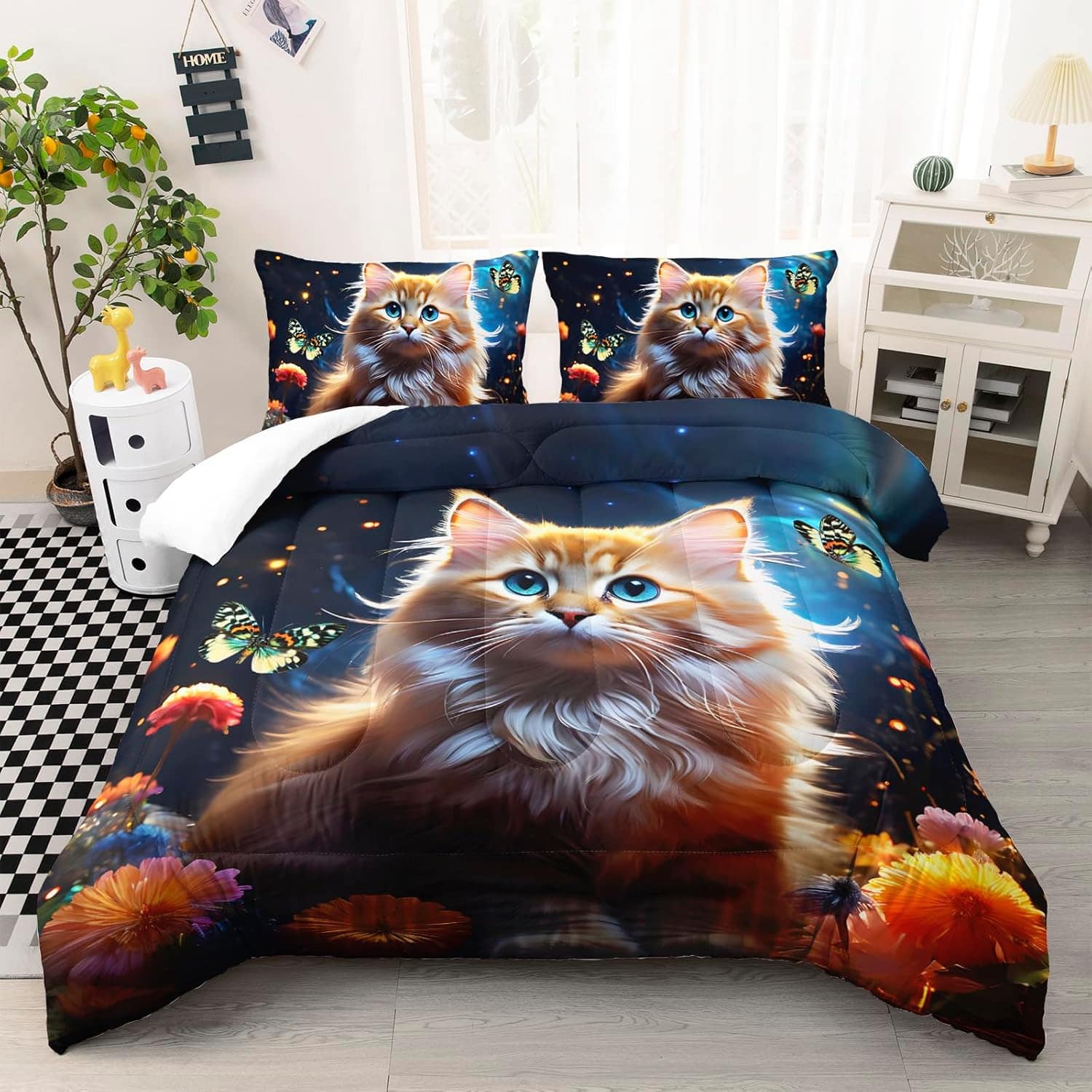 Wikistore - Kawaii Cat Comforter Set Queen Size 3D Animals Flowers Bedding for Girls Kids Teens - As Picture