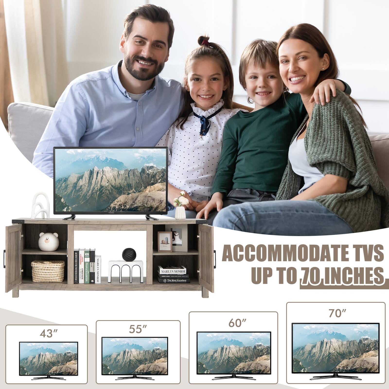 ELLE I I masse PeoPuFLONTEN | MAT tene ACCOMMODATE TVS UP TO 70 INCHES 43" 55" 60" 70"