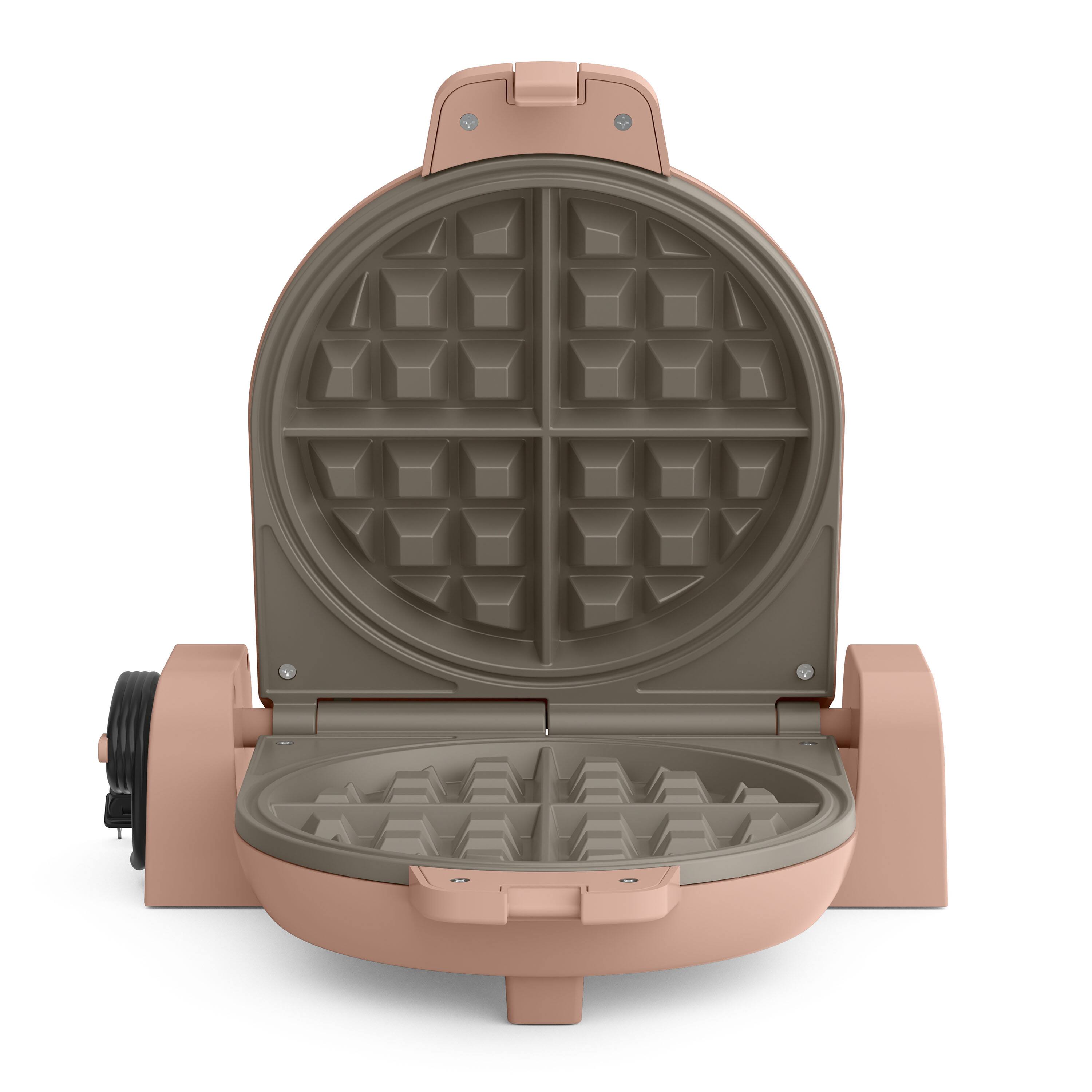 Angle. Bella - Fits-anywhere Kitchenware: Flip & Store Belgian Waffle Maker - Blossom.