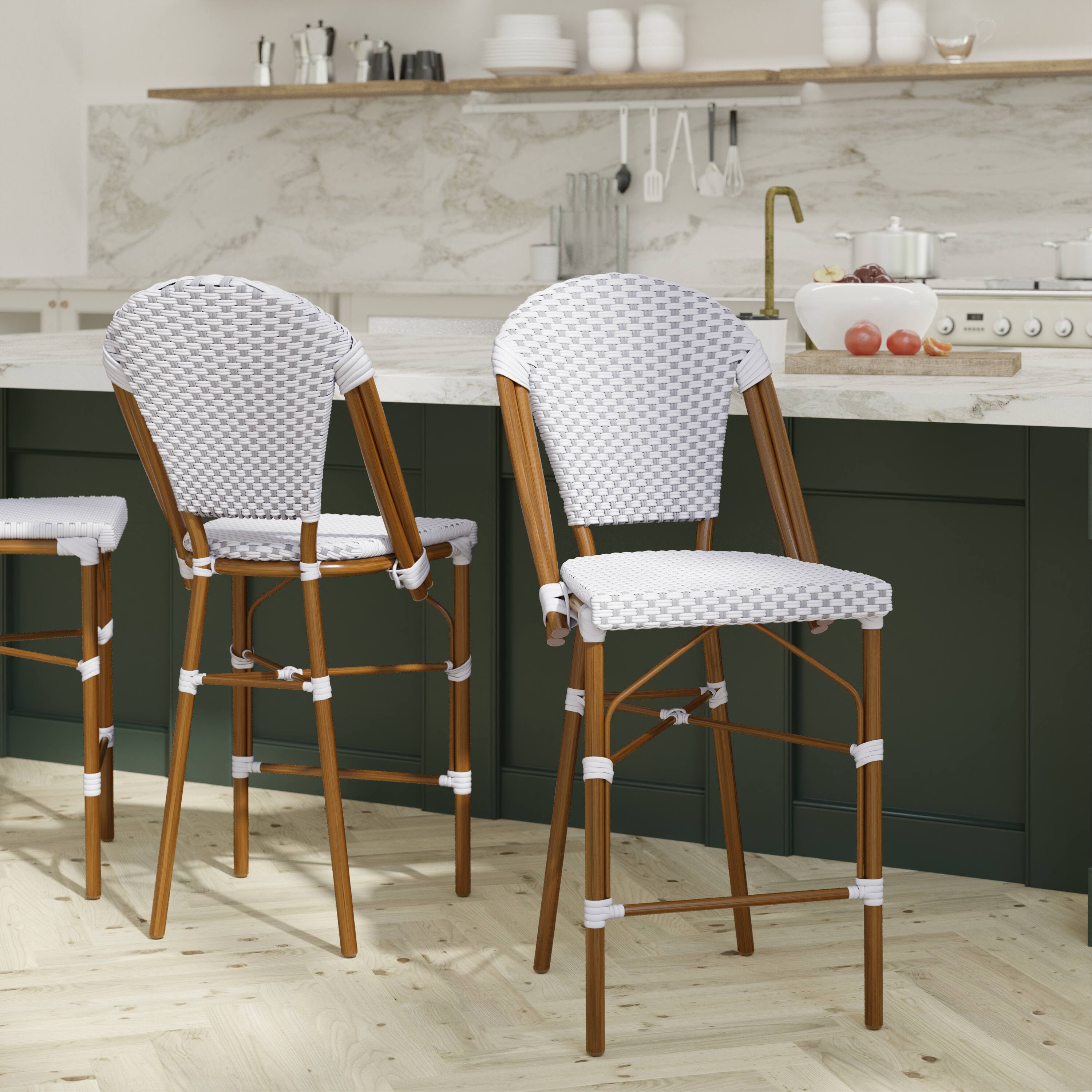 Alt View 2. Emma + Oliver - Colmar Set of Two Indoor/Outdoor 26" High Stacking Bistro Counter Stools with Patterned Seat and Back and Metal Frames - White & Gray/Natural Frame.
