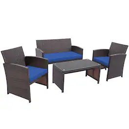 Costway - 4PCS Patio Rattan Furniture Set Cushioned Chair Sofa Coffee Table - Navy