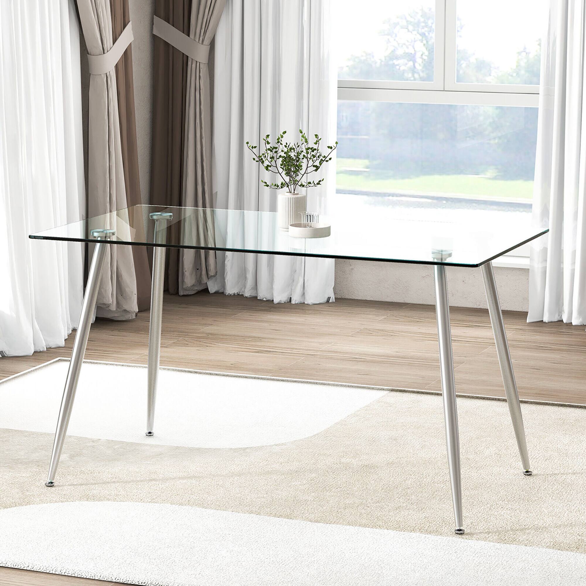 Alt View 1. Gymax - Gymax Modern Glass Dining Table Rectangular Dining Room Table W/Metal Legs For Kitchen Silver - Transparent, Silver.
