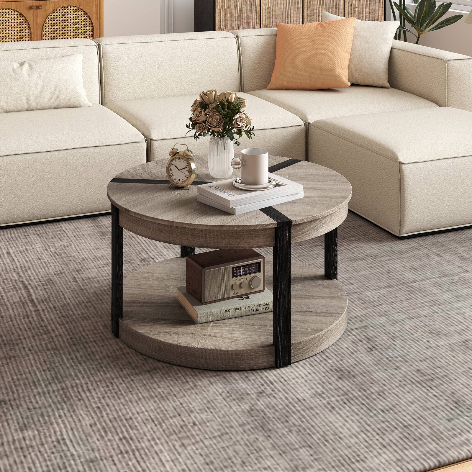 Alt View 1. Gymax - Gymax 34.5'' Rubber Wood Center Table w/Spacious Tabletop & Storage Shelf Modern - Gray, Black.