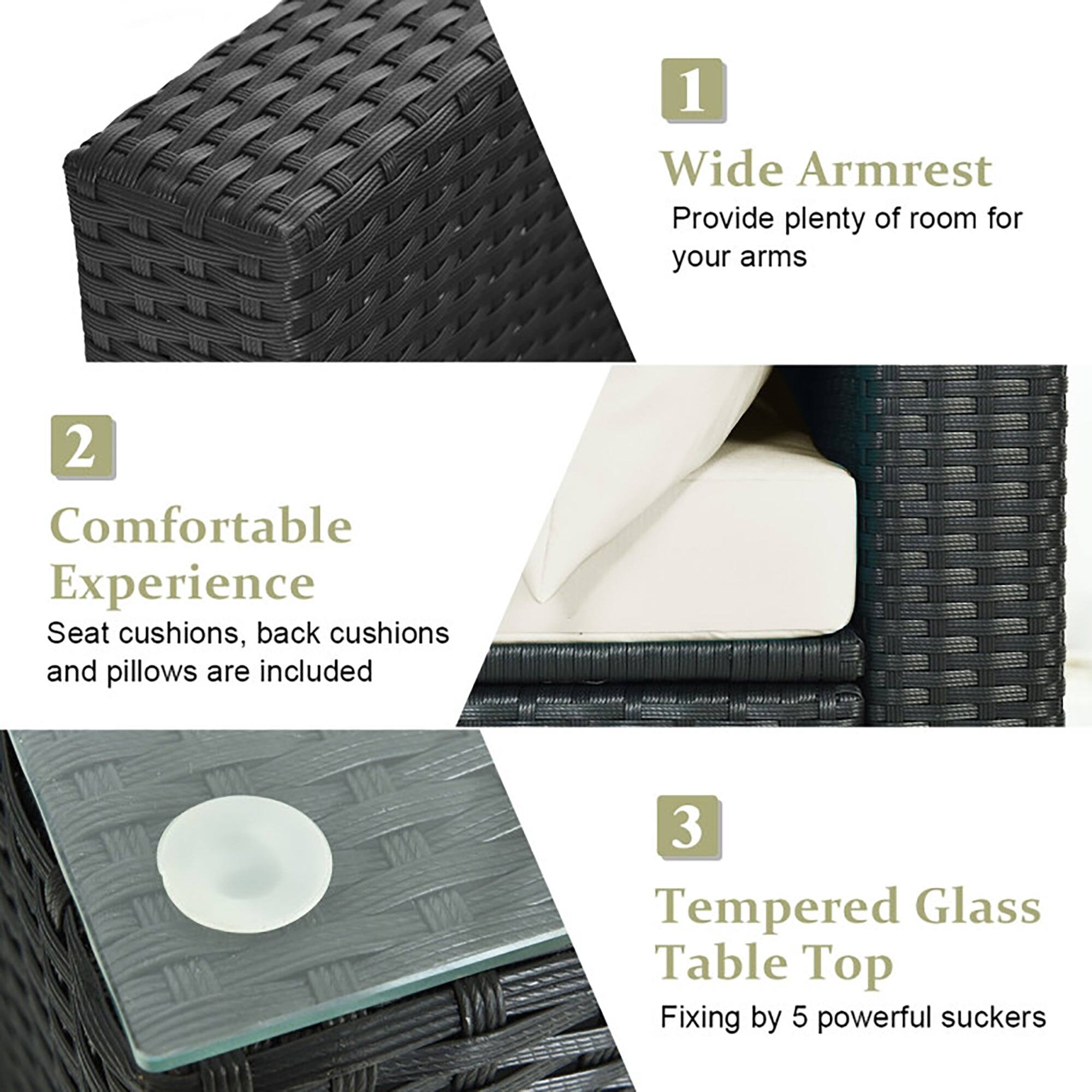 1. Wide Armrest  
Provide plenty of room for your arms

2. Comfortable Experience  
Seat cushions, back cushions and pillows are included

3. Tempered Glass Table Top  
Fixing by 5 powerful suckers