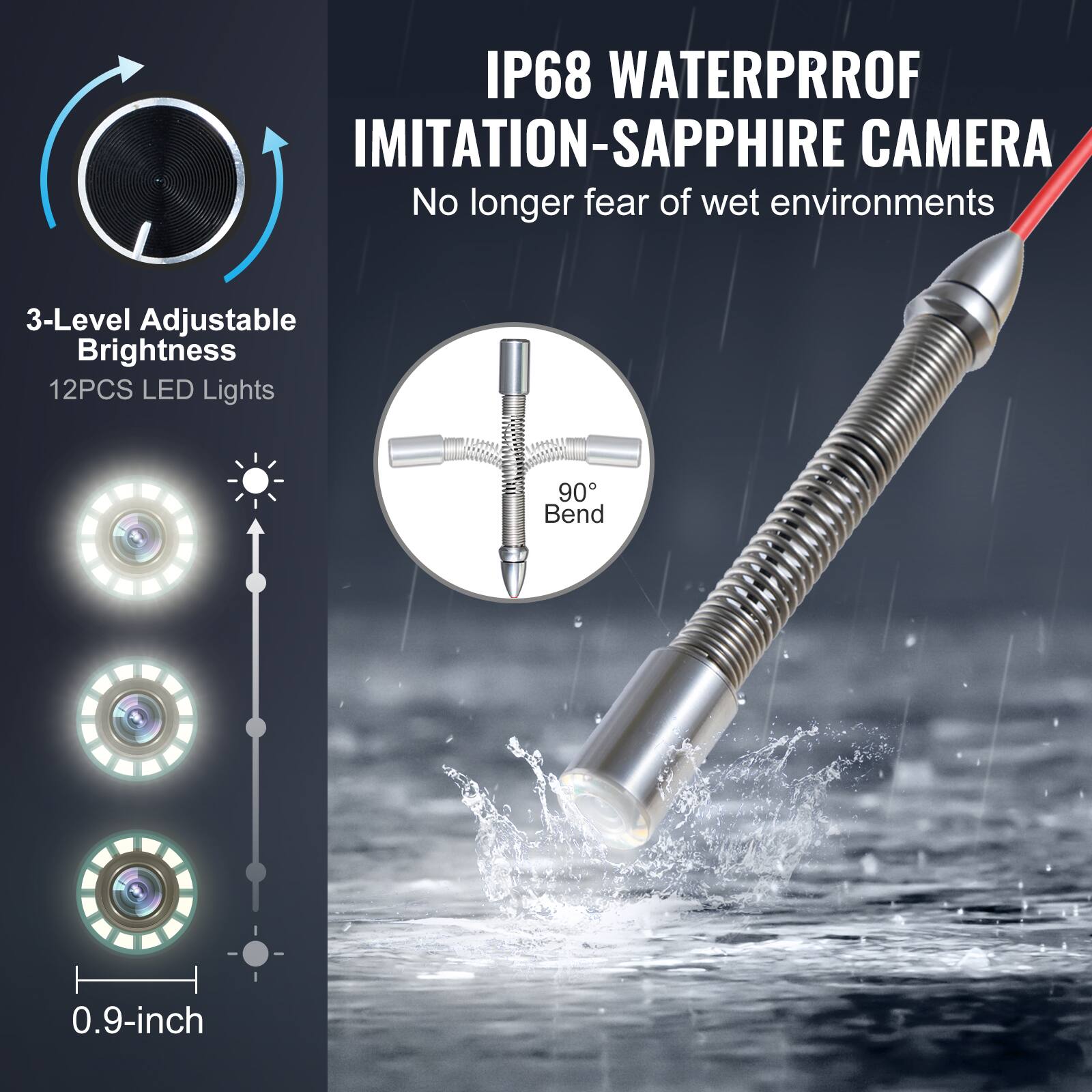 IP68 WATERPROOF IMITATION-SAPPHIRE CAMERA  
No longer fear of wet environments  
3-Level Adjustable Brightness  
12PCS LED Lights  
90° Bend  
0.9-inch