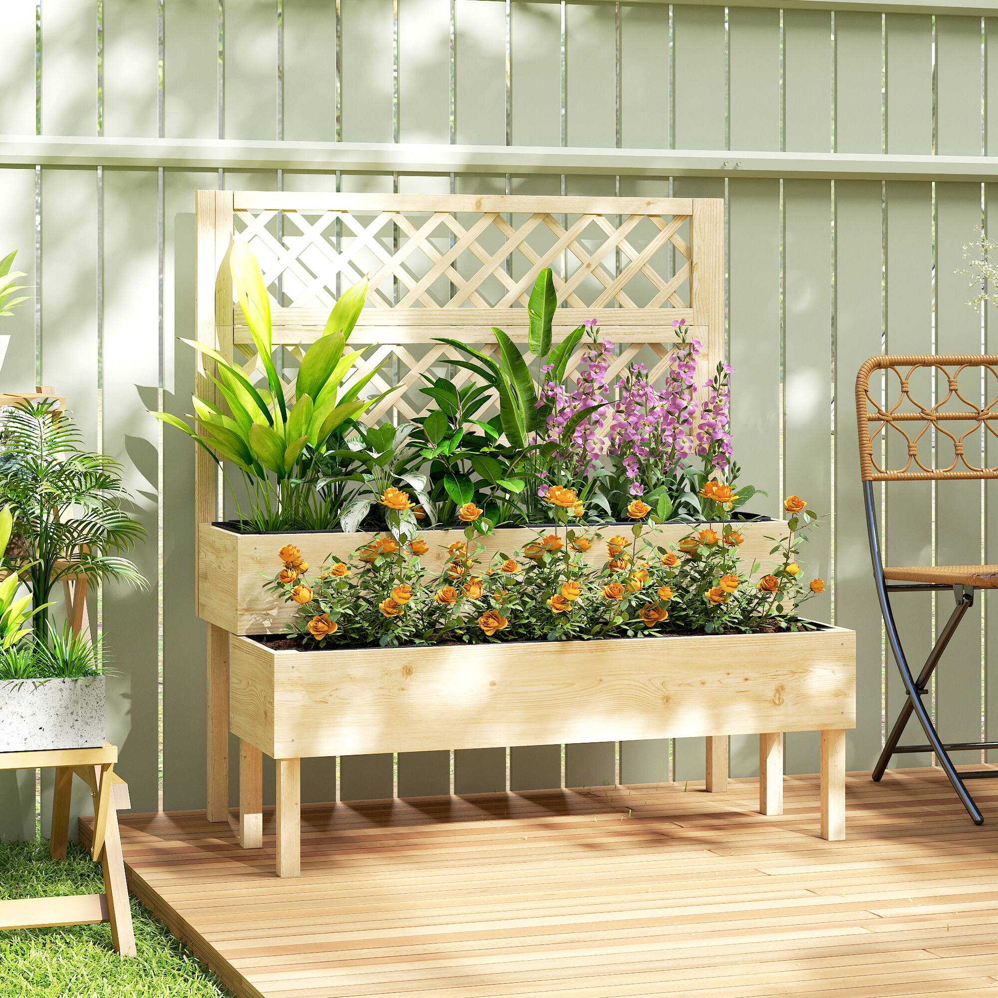 Alt View 1. Outsunny - 2-Tier Raised Garden Bed with Trellis, Wooden Elevated Planter Box with Drainage Gaps, Liners.