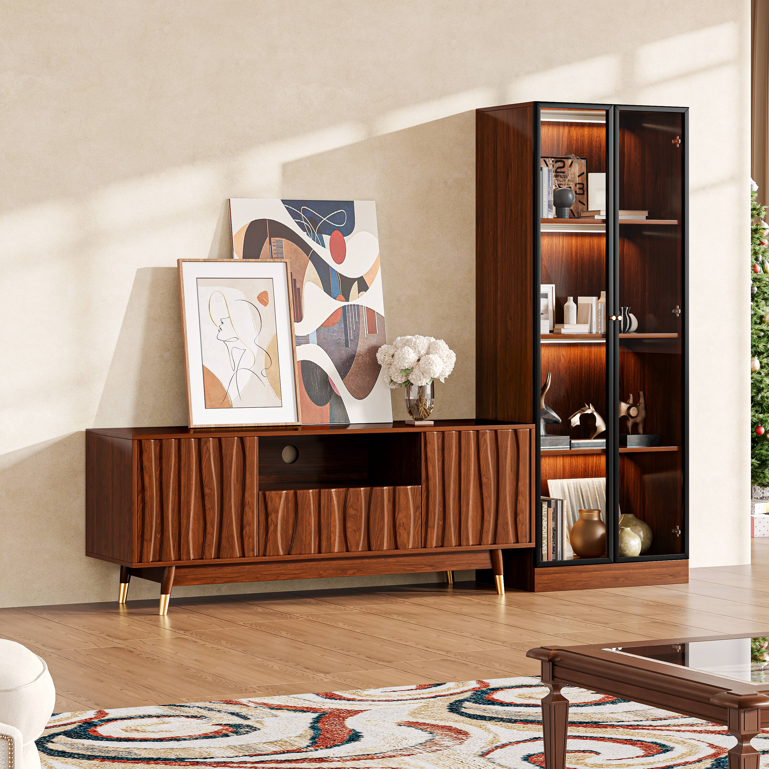 Front. MSOOB - Walnut Mid-century Modern TV Stand and 4-Tier Glass Display Cabinet, Brown Wood Entertainment Center for TVs up to 55'' - Brown.