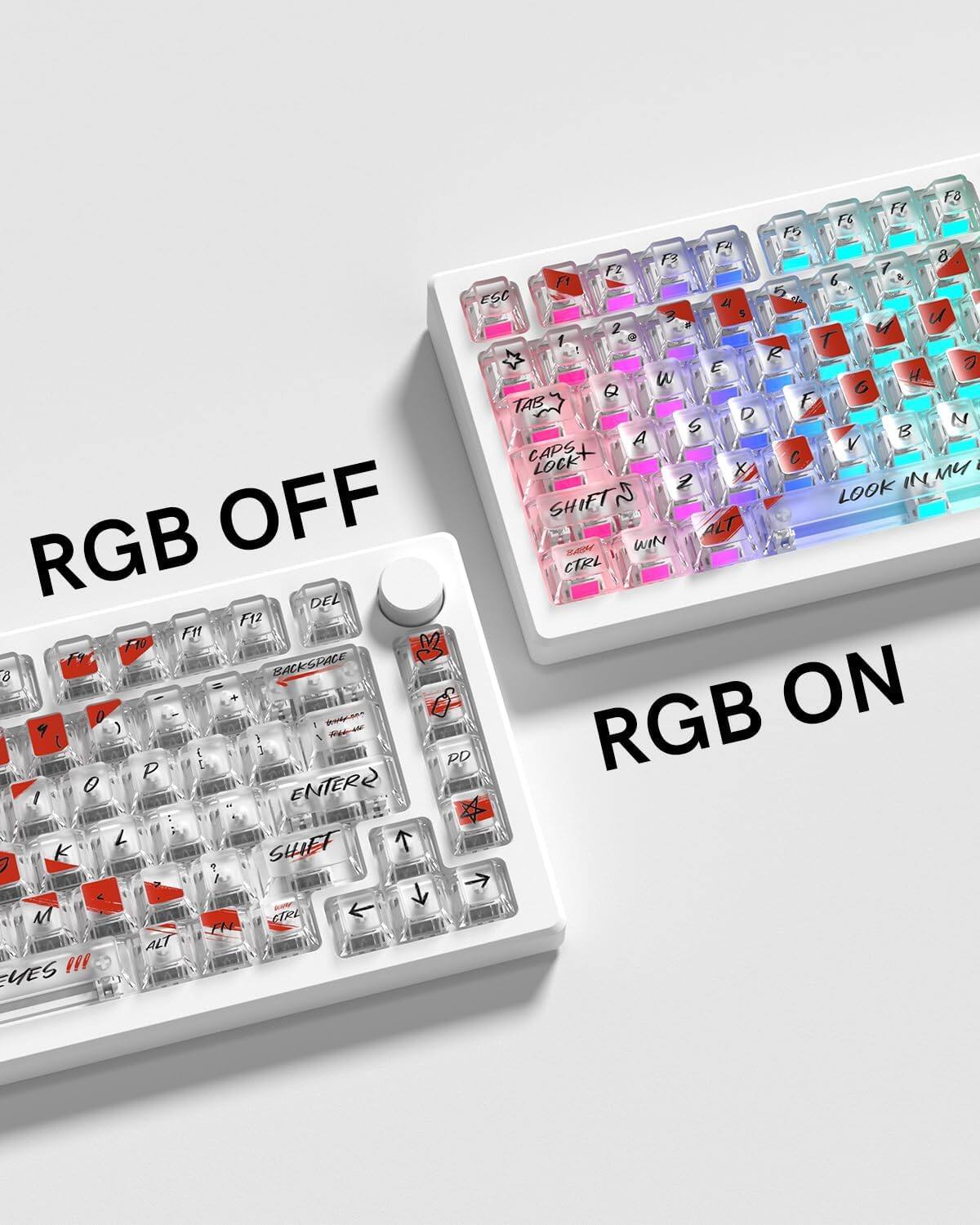 Sure, here is the corrected and grouped text from the image:

**Top Row:**
- F1 F2 F3 F4 F5 F6 F7 F8 F9 F10 F11 F12

**Second Row:**
- Q W E R T Y U I O P

**Third Row:**
- A S D F G H J K L ; '

**Fourth Row:**
- Z X C V B N M , . /

**Function Keys:**
- ESC 1 2 3 4 5 6 7 8 9 0 - =

**Modifier Keys:**
- TAB CAPS LOCK SHIFT ALT CTRL

**Special Keys:**
- ENTER BACKSPACE

**Additional Labels:**
- RGB OFF
- RGB ON
- LOOK IN MY EYES
- SAVY WIN LT CTRL DEL F1z F11 M H10 F BACKSPACE B 9 0 I + nohi RA RGB ON ( { E 1 L PD P O ENTER / 7 SHIFF K ? / M " EUES ALT FN ARL