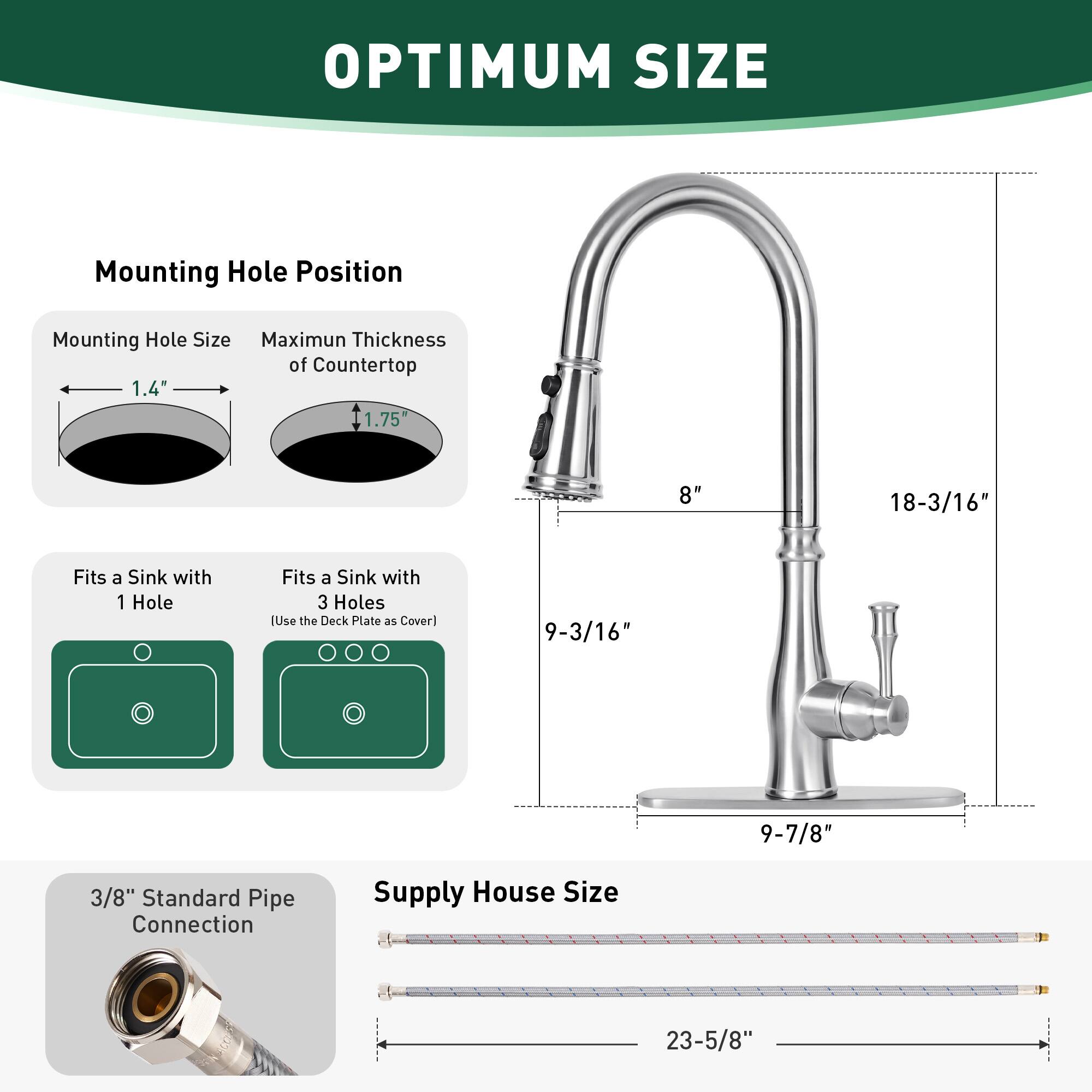 OPTIMUM SIZE

Mounting Hole Position

- Mounting Hole Size: 1.4"
- Maximum Thickness of Countertop: 1.75"

Fits a Sink with 1 Hole  
Fits a Sink with 3 Holes  
[Use the Deck Plate as Cover]

- 8"
- 18-3/16"
- 9-3/16"
- 9-7/8"

3/8" Standard Pipe Connection

Supply House Size: 23-5/8"